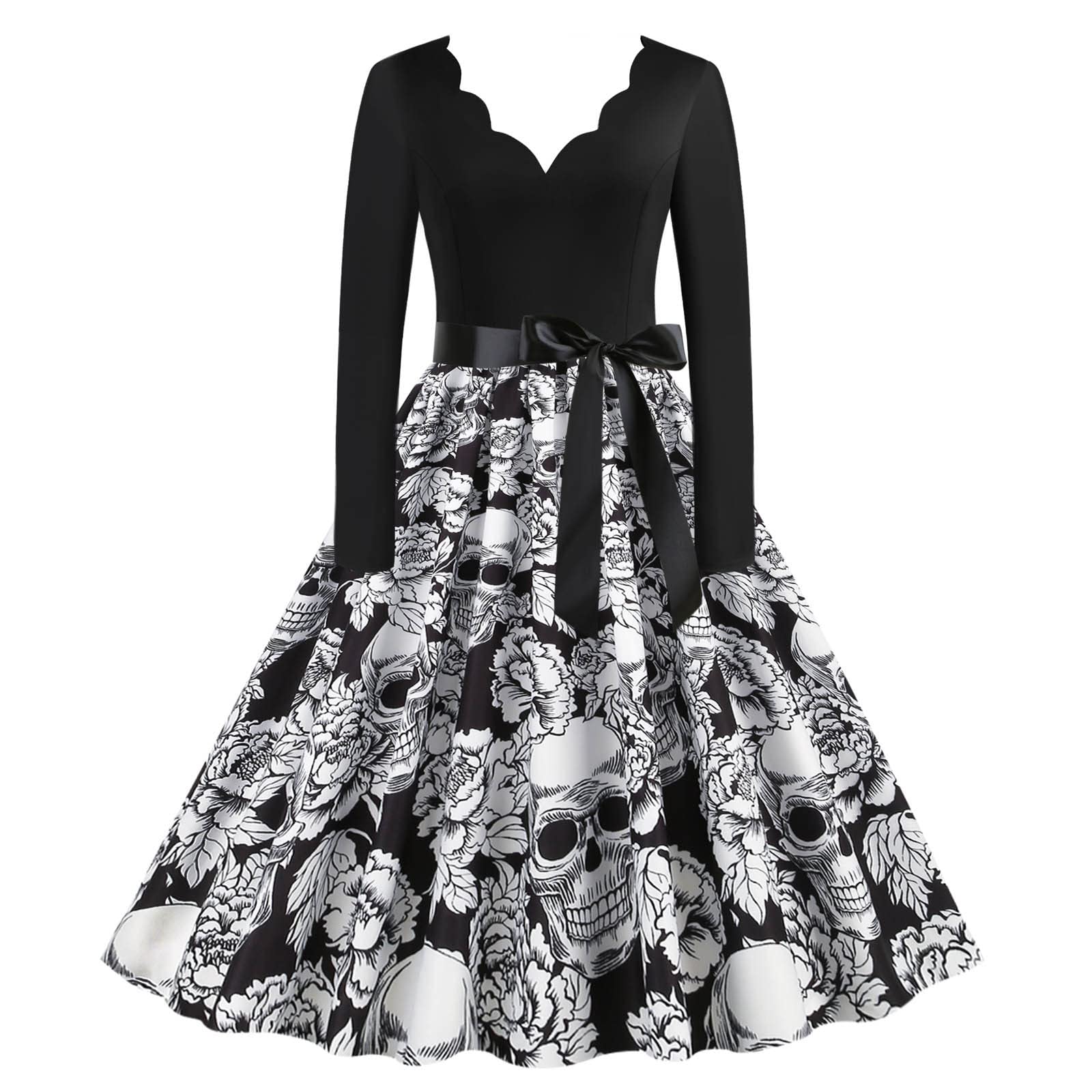 Halloween Dress for Women - Long Sleeve V-Neck Skull Printed Vintage Slim Dress | Gothic Fall Fashion | Perfect for Halloween Parties, Cosplay & Spooky Events