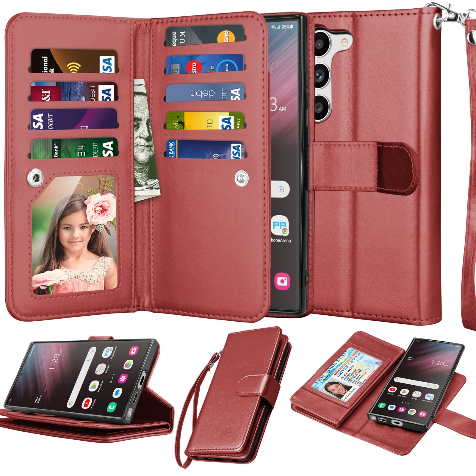 Premium PU Leather Wallet Case for Samsung Galaxy S23 Plus - 9 Card Slots, Detachable Magnetic Cover with Kickstand & Lanyard (Wine Red) | Perfect for Business Travel, Commuting and Everyday Protection