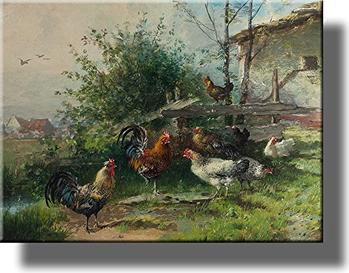 Rooster and Chicken Hens Farm Animal Wall Art - Stretched Canvas Painting, Ready to Hang Home Décor - Perfect for Farmhouse, Country Kitchen & Rural Themed Room Decorations