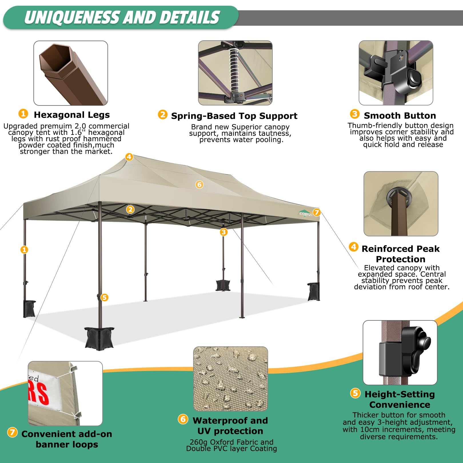 COBIZI 10x20 Heavy Duty Pop Up Canopy Tent with 6 Removable Sidewalls - Waterproof & UV 50+ Protection - Commercial Grade Party Tent for Weddings, Events, Outdoor Markets - Includes Upgraded Legs & Roller Bag - Perfect for Backyard Parties, Beach Gatherings, and Trade Shows