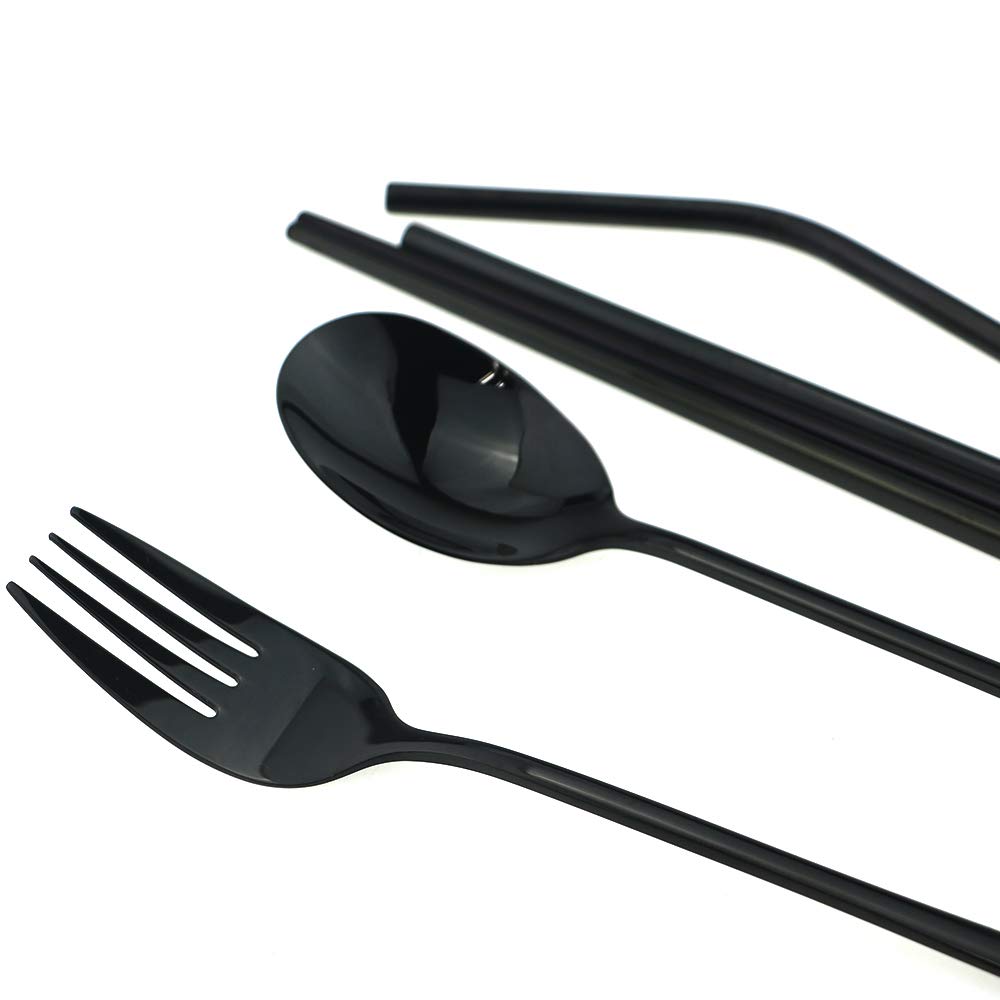 7-Piece Portable Flatware Set - 304 Stainless Steel Travel Utensils with Pouch (Fork, Spoon, Chopsticks, Straws) | Dishwasher Safe & Compact for Camping, Office, Picnics, and Outdoor Dining | Black Cutlery Set for On-the-Go Meals