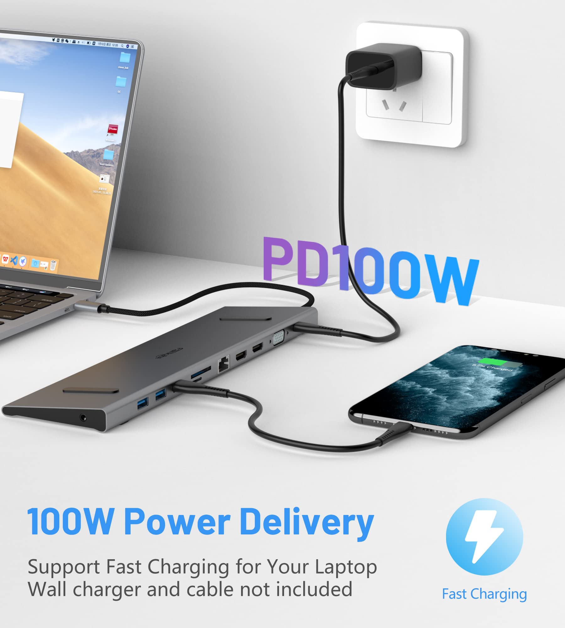 11-in-1 USB C Docking Station with Dual HDMI Monitors - 100W PD, Gigabit Ethernet, 3 USB 3.0 Ports, SD/TF Card Reader, Audio Jack - Compatible with Dell/HP/Lenovo Laptops for Home Office & Remote Work Setup
