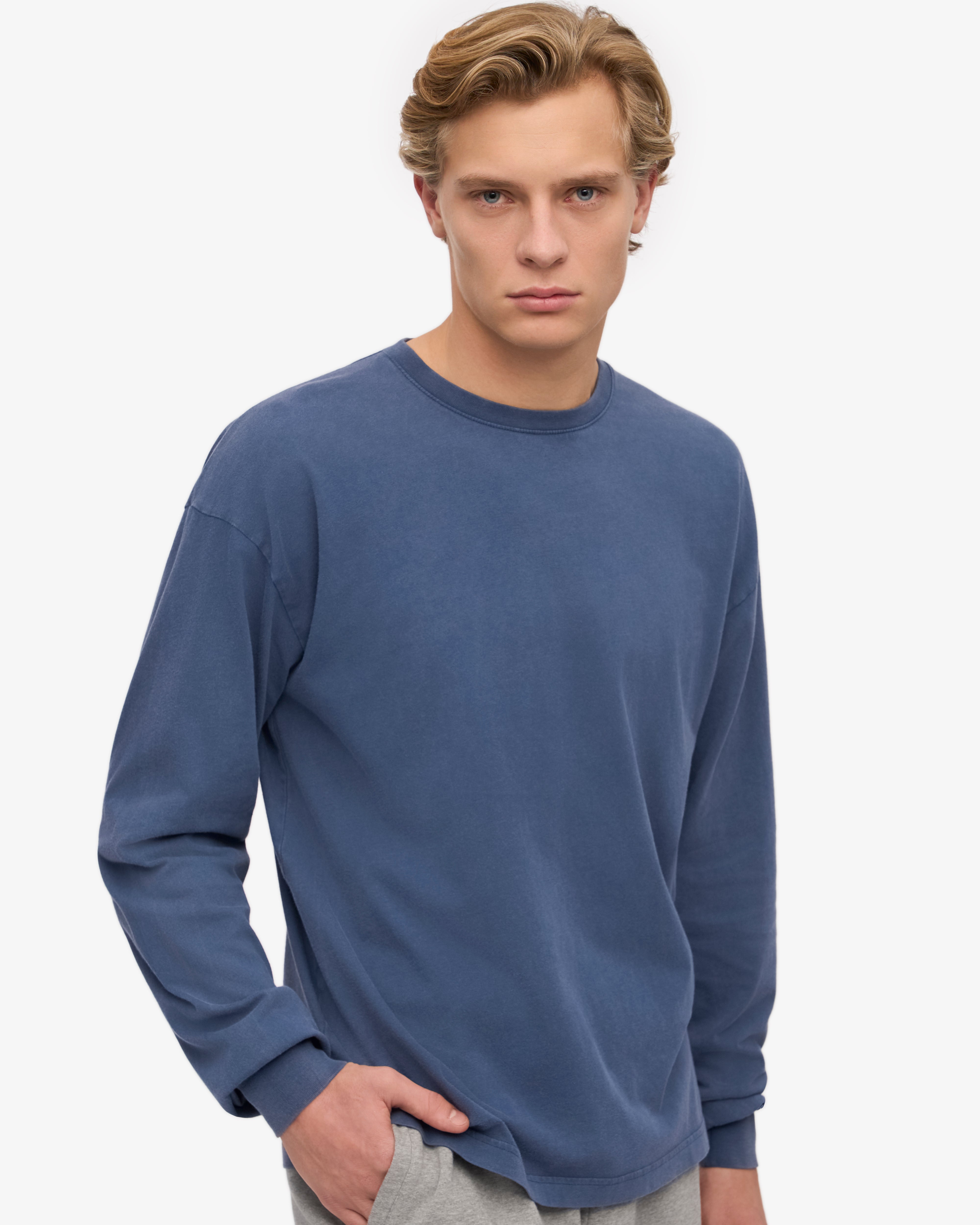 Oversized Organic Long Sleeve T-Shirt for Women & Men - Soft Cotton Comfort Fit - Neptune Blue - Casual Loungewear & Streetwear Style