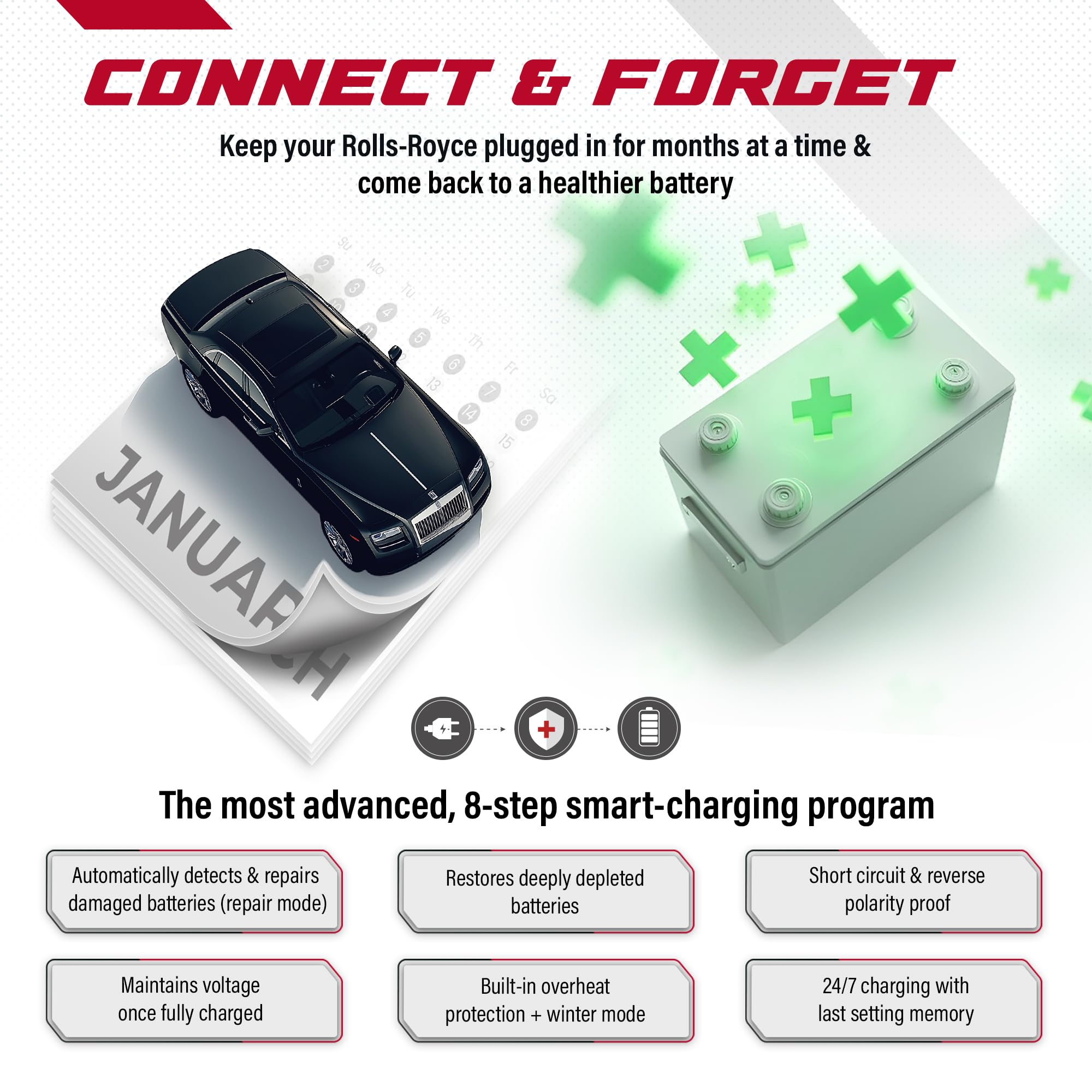 Rolls-Royce Ghost Phantom Battery Charger & Maintainer - 2-Pin Port Trickle Charger with Lithium Mode | Car Battery Conditioner for Long-Term Storage & Winter Protection