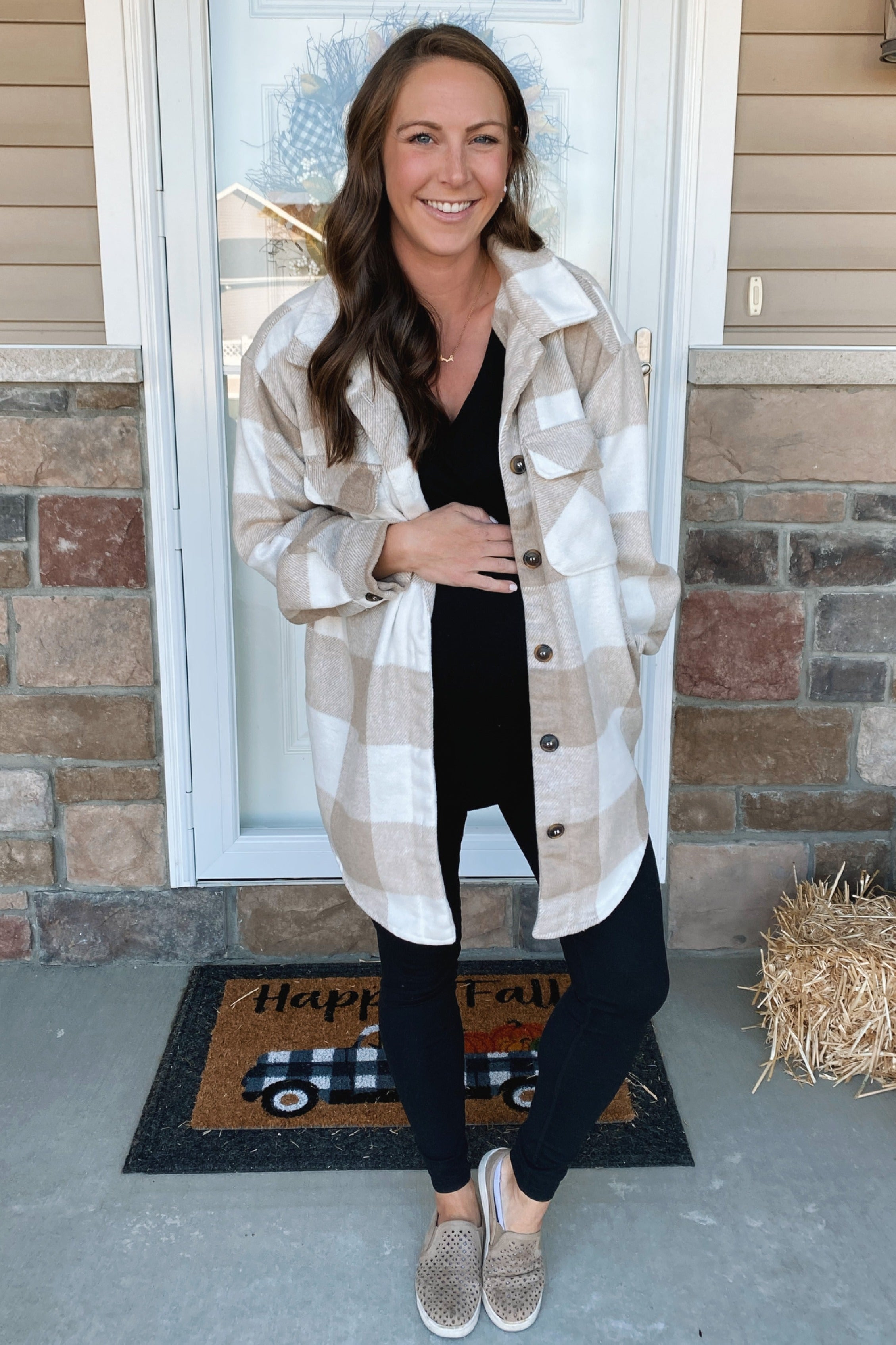 Soft Beige Plaid Brushed Long Maternity Shacket - Cozy Winter Overshirt for Pregnant Women | Perfect for Casual Outings & Layered Outfits