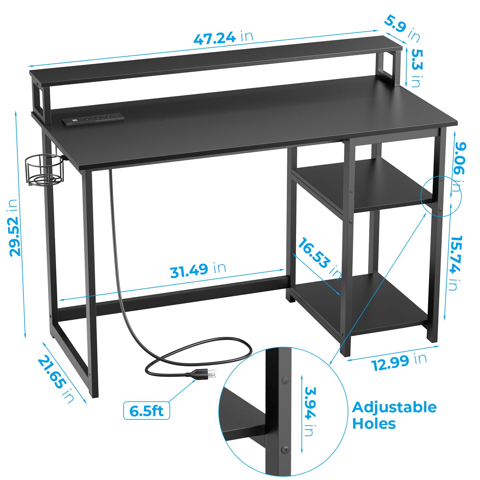 GreenForest 47 inch Gaming Desk with Power Outlets & Ergonomic Monitor Stand - Reversible Computer Desk for Home Office, Study, Gaming & Work - Black (Perfect for Small Spaces, PC Setup & Remote Work)