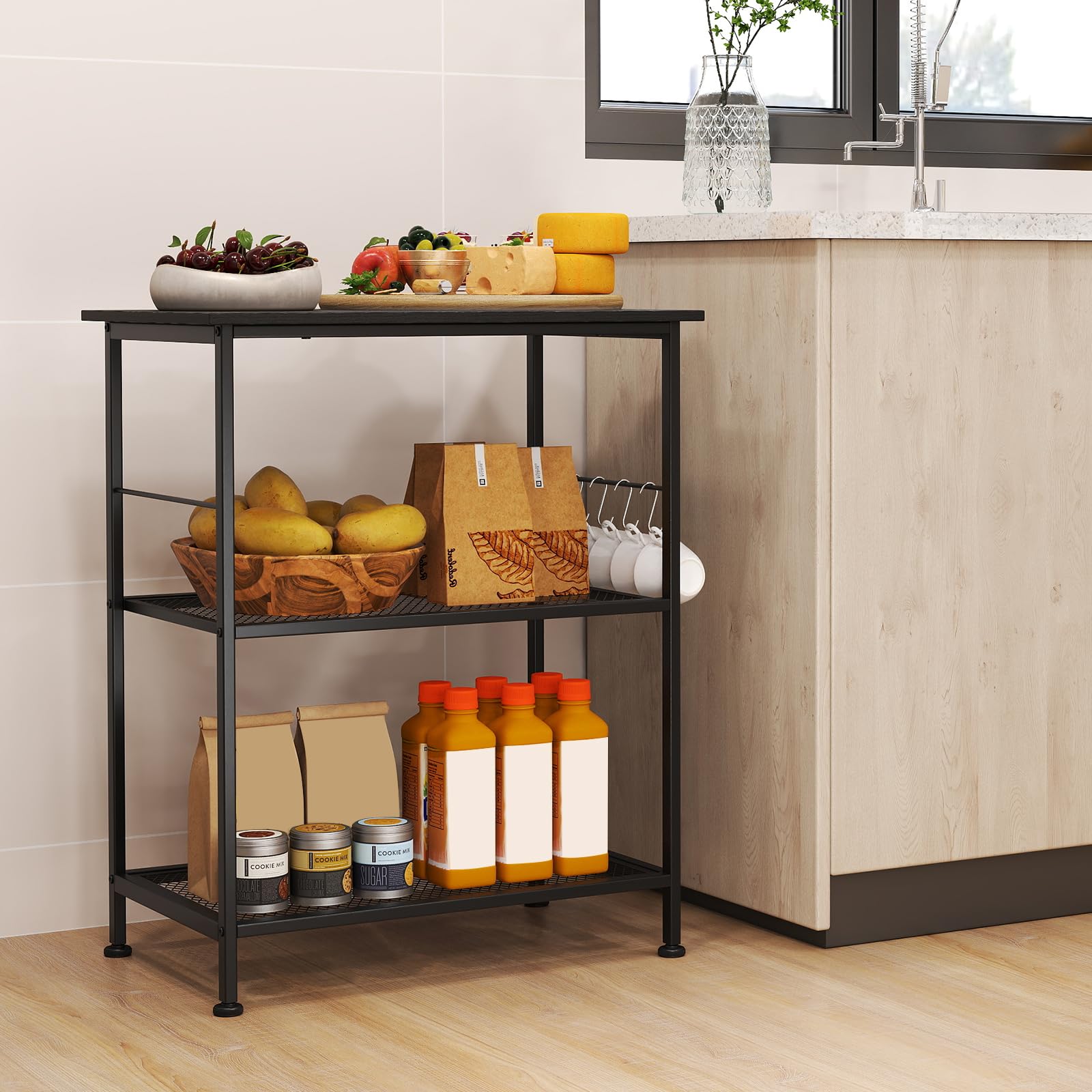 Giantex 3-Tier Rolling Kitchen Cart with Wooden Top - Industrial Style Microwave Stand, Storage Shelf & Mobile Serving Cart for Small Spaces - Perfect for Bakeries, Kitchens & Dorm Rooms (Black)