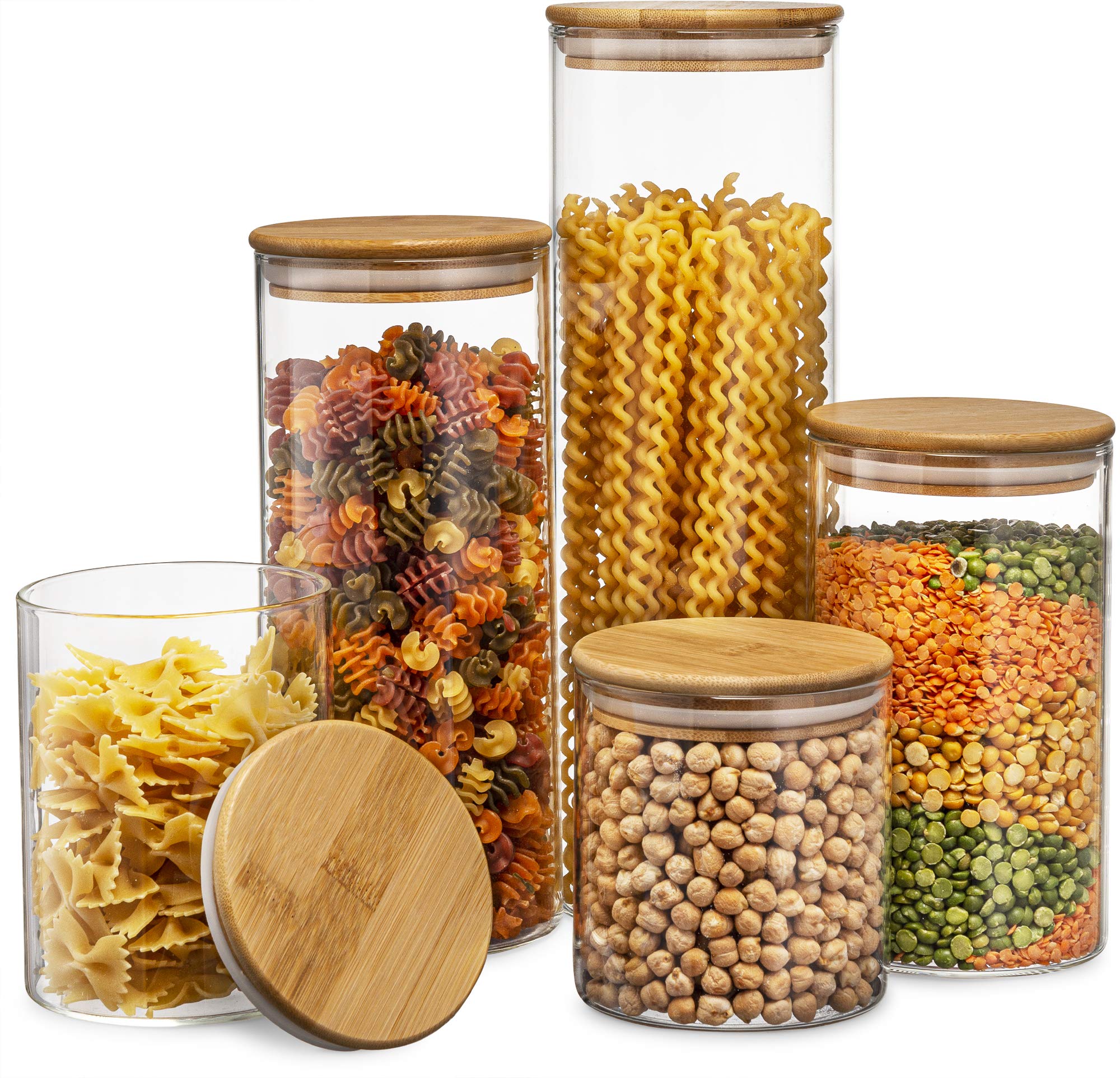 5-Piece Glass Kitchen Canisters Set with Airtight Bamboo Lids - Pantry & Bathroom Storage Jars for Flour, Coffee, Sugar, Rice, Pasta, Snacks | Ideal for Baking, Meal Prep & Home Organization