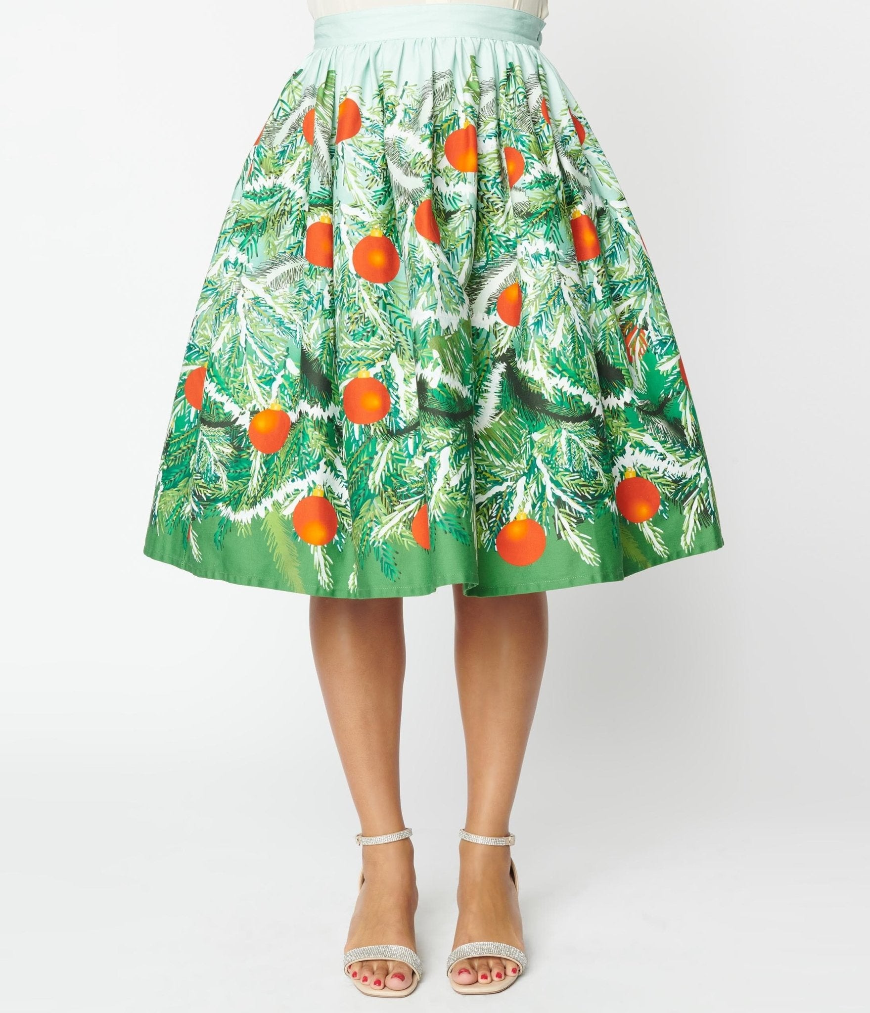 Vintage Green Evergreen & Red Christmas Ornaments Swing Skirt - Retro Holiday Party Dress for Women, Perfect for Christmas Parties, Festive Gatherings & Vintage-Themed Events