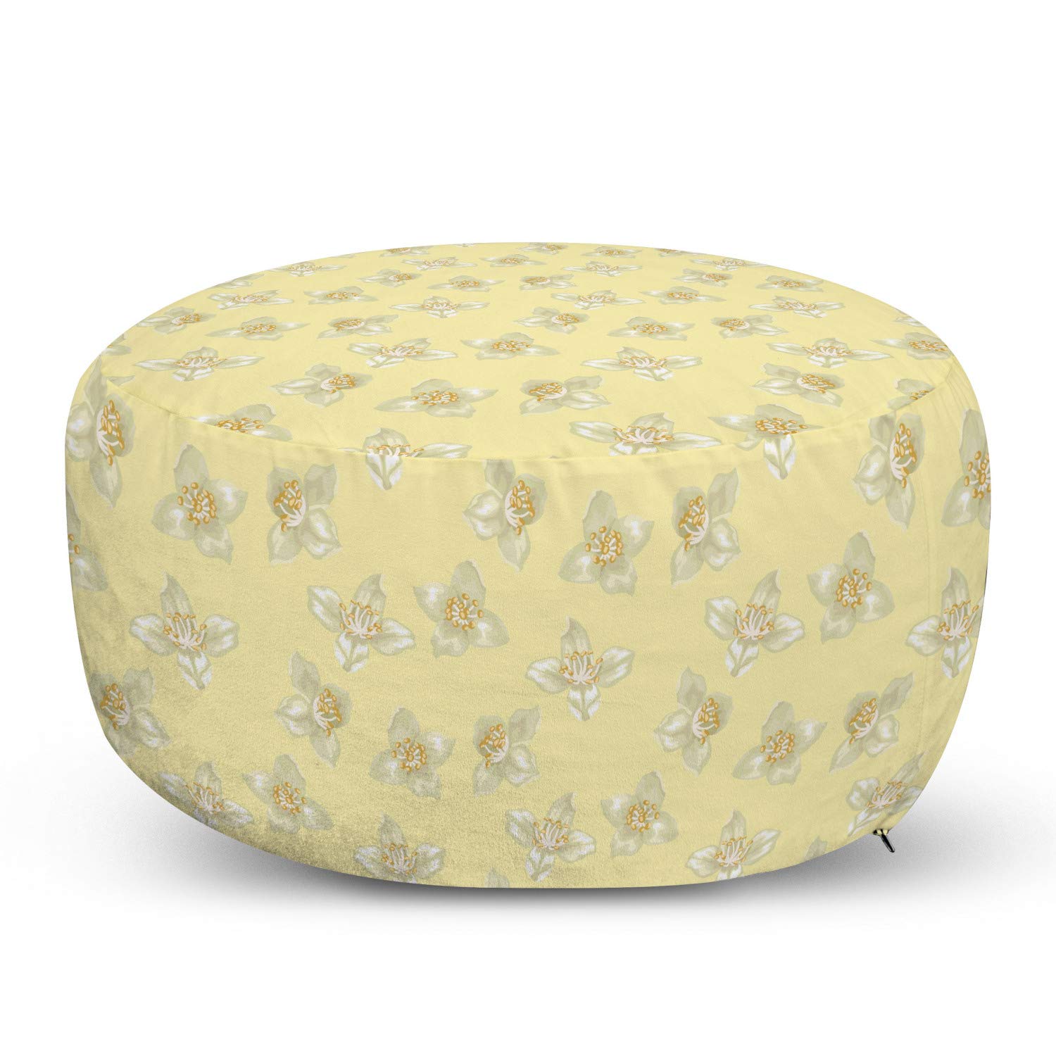 Ambesonne Jasmine Ottoman Pouf - Pastel Floral Foot Rest with Removable Cover, Soft Repetitive Petals Botanical Pattern in Pale Yellow & Khaki for Living Room, Bedroom & Nursery Decor