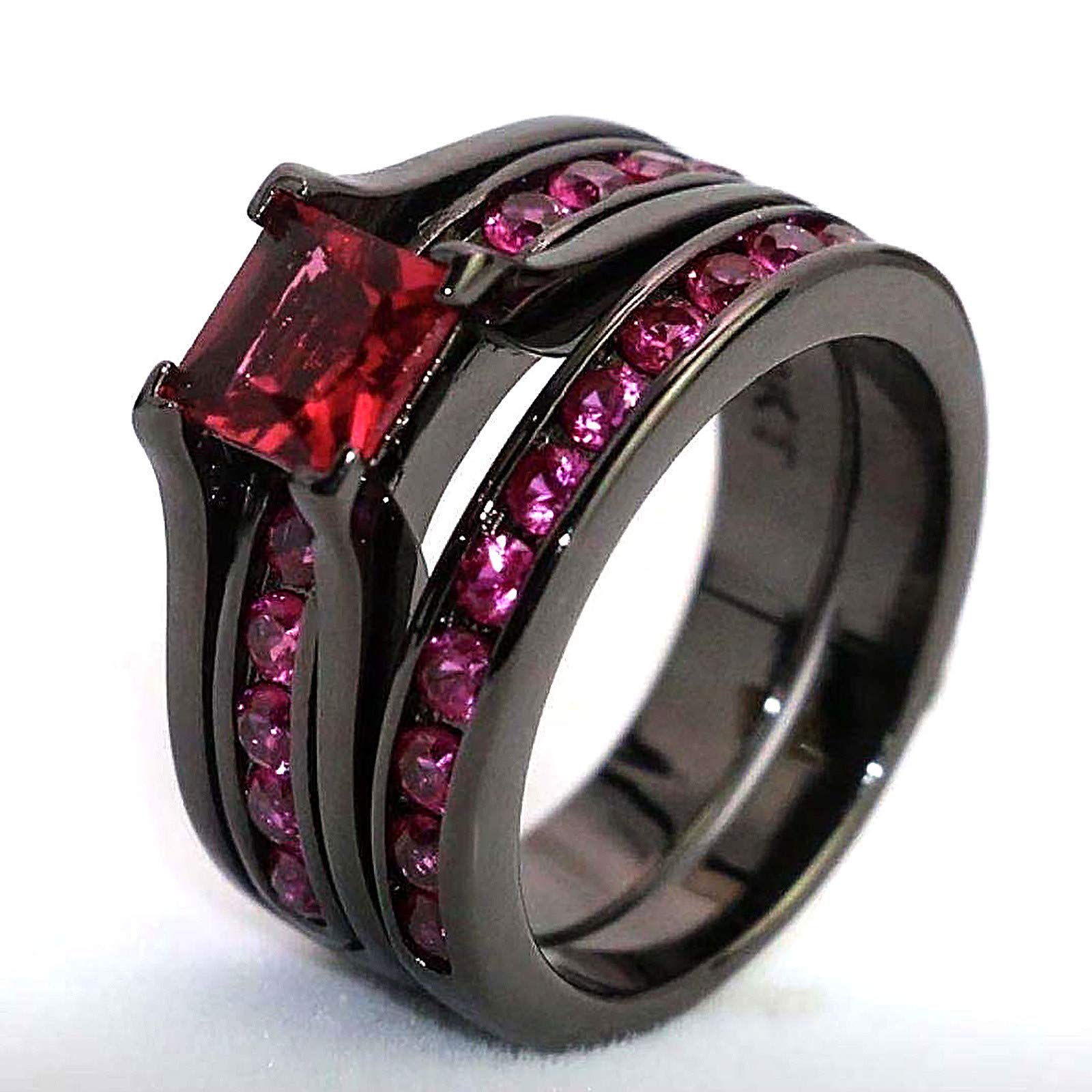 Titanium Steel Heart Couple Rings Set - Wood Grain & Colorful Layered Design for Women & Men - Perfect for Anniversaries, Weddings & Romantic Gifts