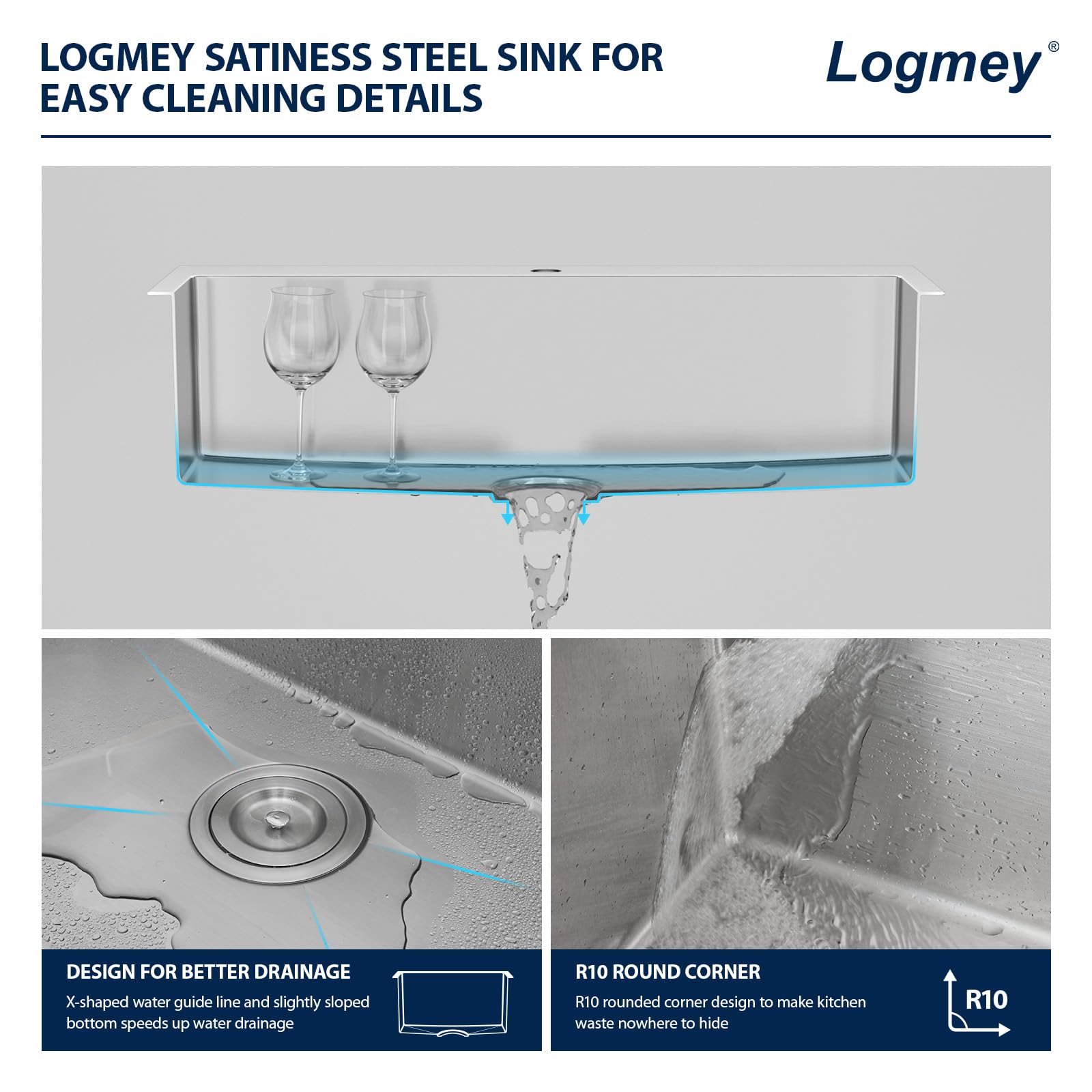 Logmey 32x18 Inch Drop-In Topmount Stainless Steel Kitchen Sink - 16 Gauge Handmade Single Bowl Sink Basin (32x18x9 Inches) for Modern Home Kitchen & Restaurant Use