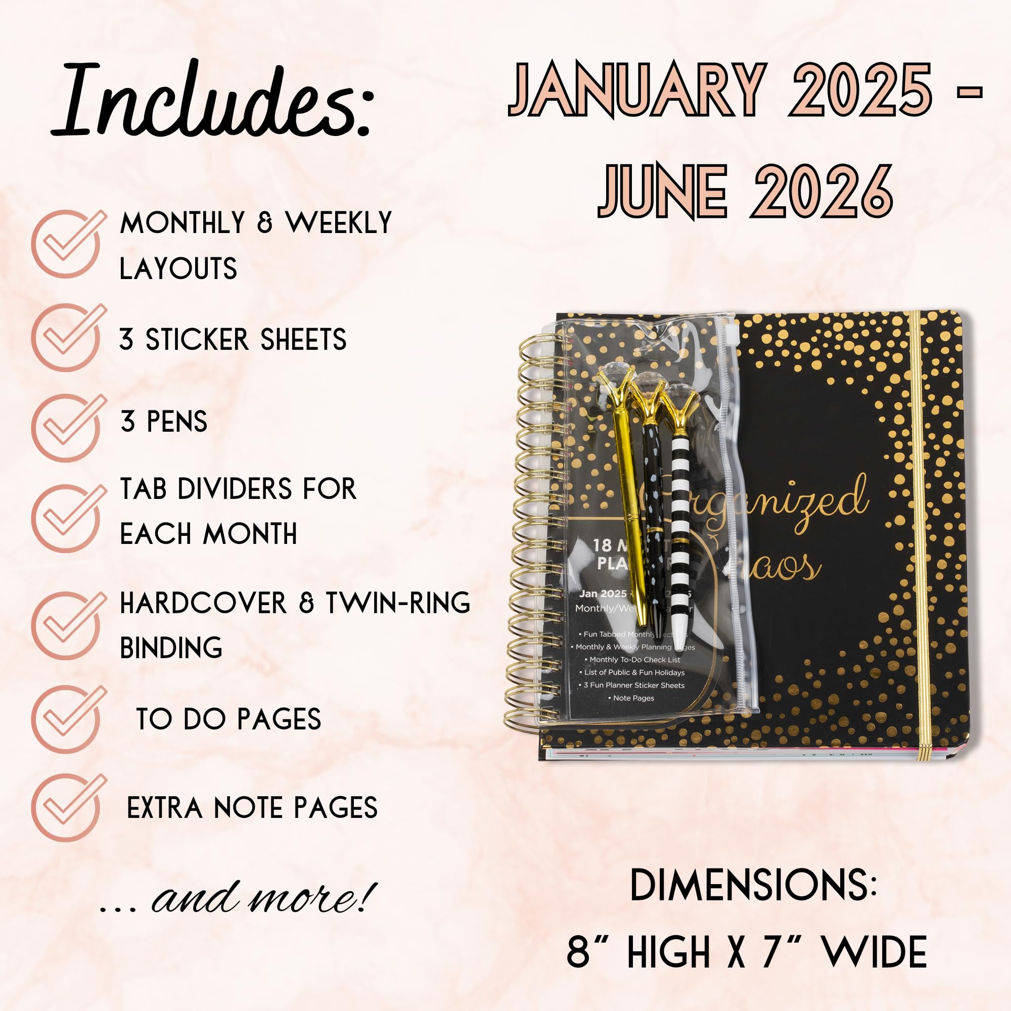 VOTUM 2025-2026 Monthly Large Planner - Daily Weekly Monthly Organizer with 3 Pens & Stickers - Organized Chaos Black - January 2025 to June 2026 - Stylish Durable Planner for Work, School & Personal Organization