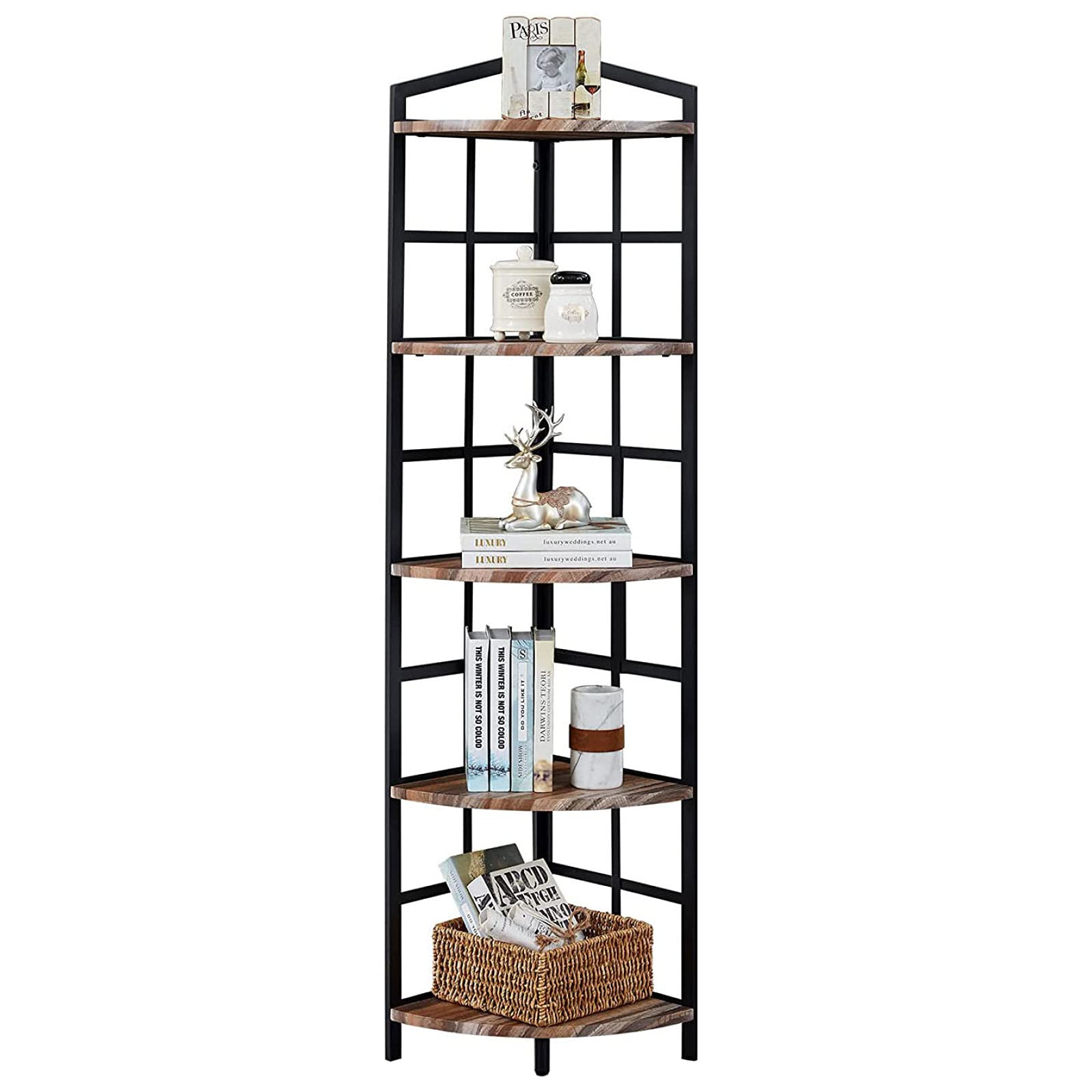 5-Shelf Corner Bookcase with Hanging Hooks - 70.86