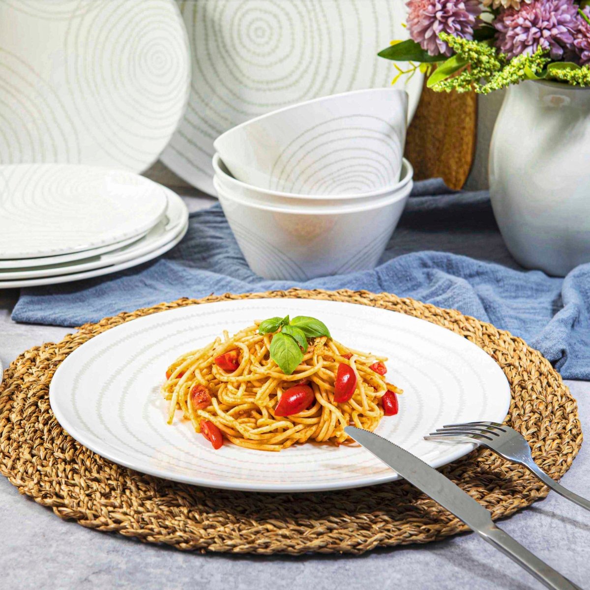 12-Piece White Melamine Dinnerware Set - Durable Planet-Themed Plates & Bowls for Outdoor Picnics, Camping, and Everyday Use