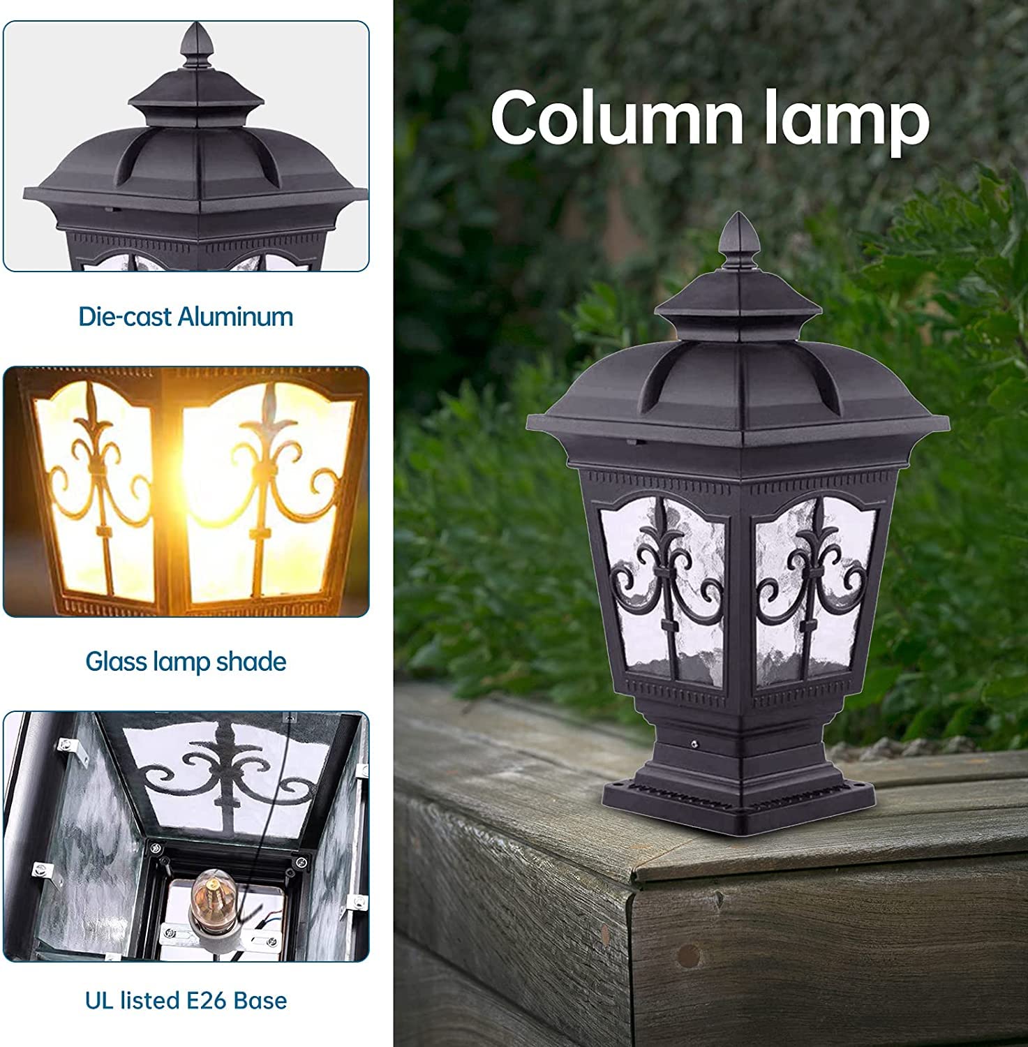 Modern Outdoor Pillar Lights - E26 Aluminum Column Post Lights with Seeded Glass, Waterproof Exterior Lighting for House, Garden, Backyard & Patio | Durable Landscape Lighting for Pathways, Driveways & Outdoor Decor