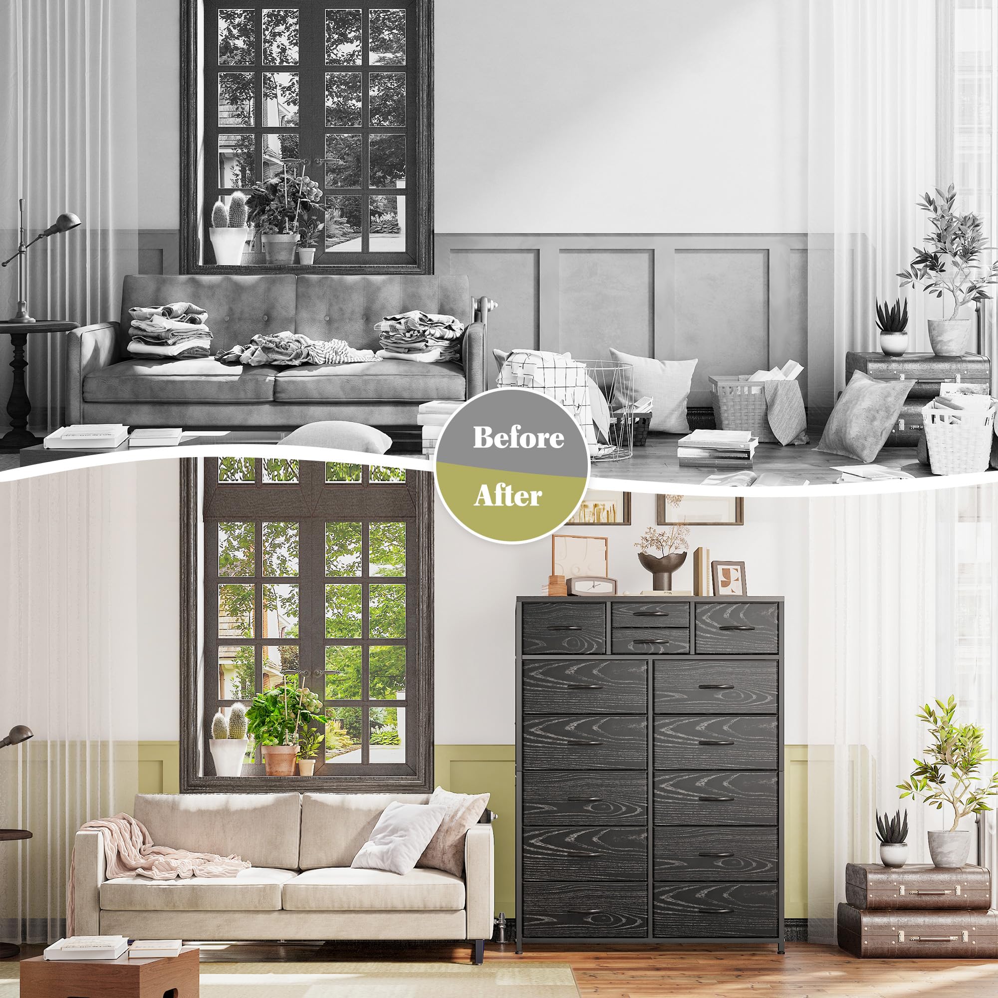 14-Drawer Tall Dresser for Bedroom - Large Fabric Storage Organizer with Wood Top & Metal Frame - Perfect for Closet, Living Room, Entryway - Black (Ideal for Small Spaces & Apartment Storage Solutions)