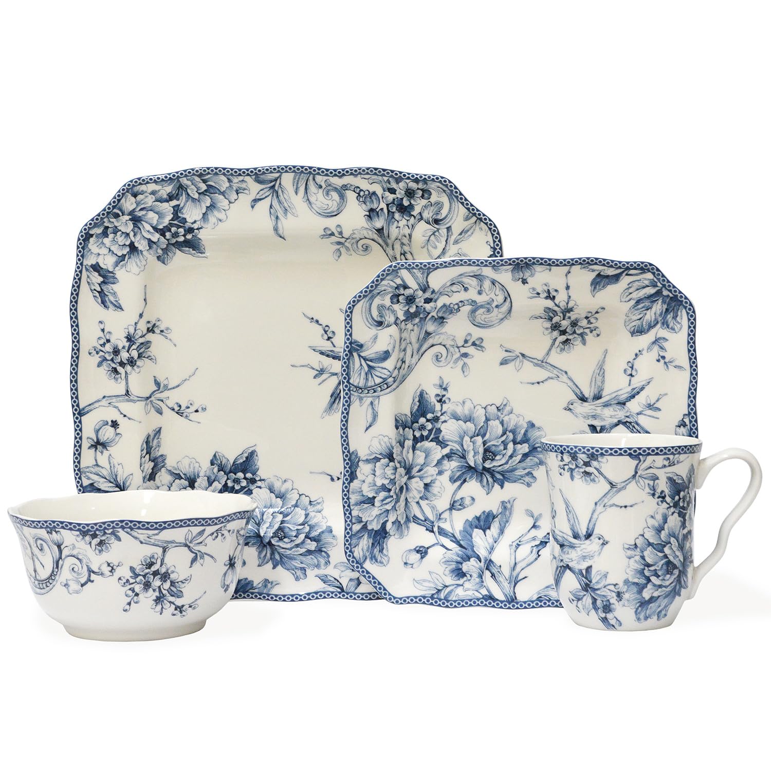 222 Fifth Adelaide 16-Piece Square Floral Dinnerware Set – Blue & White Porcelain Plates & Bowls, Service for 4, Microwave & Dishwasher Safe, Chip Resistant – Perfect for Everyday Dining, Family Gatherings & Elegant Entertaining