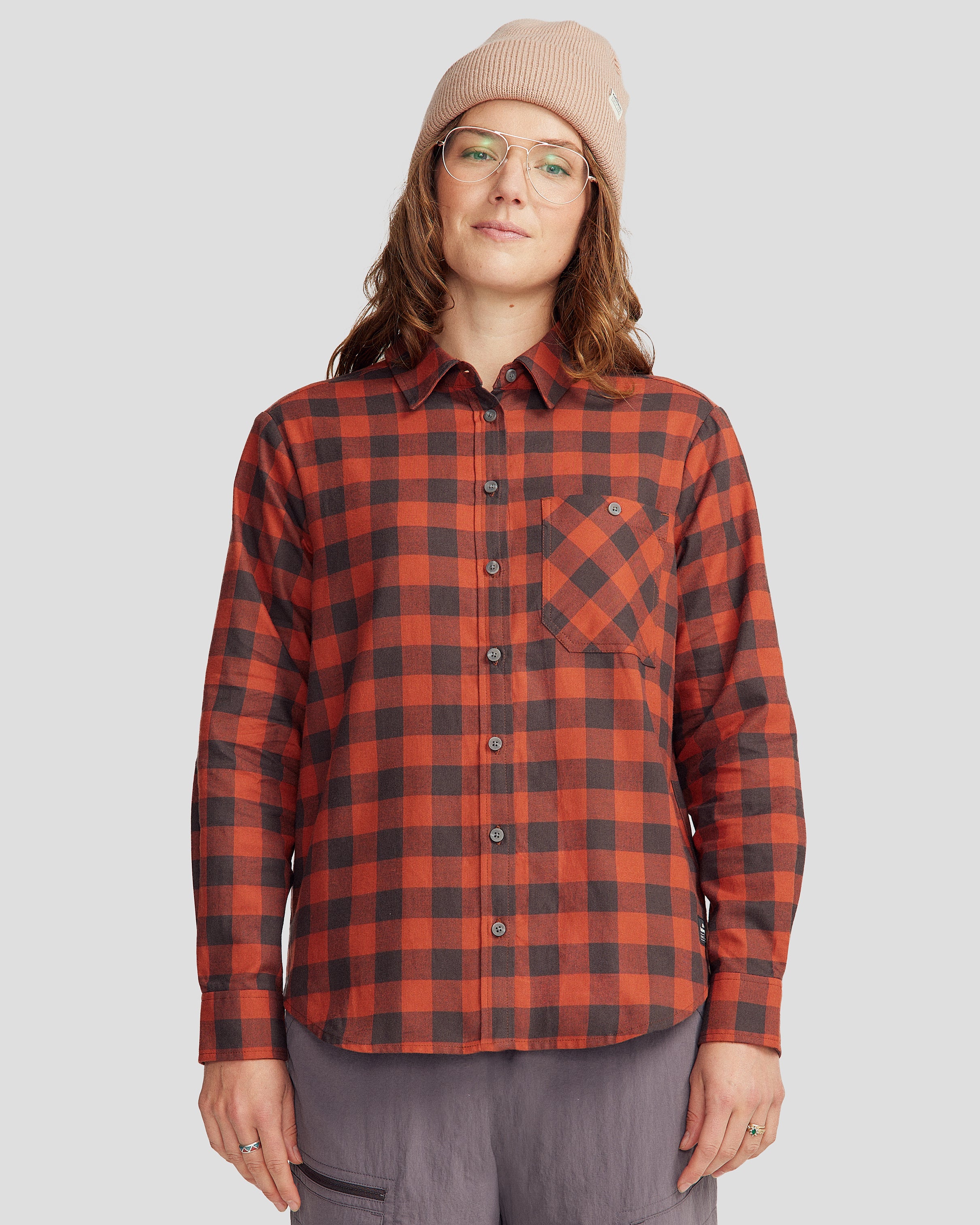 Fyfe Women's Long Sleeve Shirt - Redwood Gingham Plaid Cotton Top for Casual Wear, Office & Fall Outfits