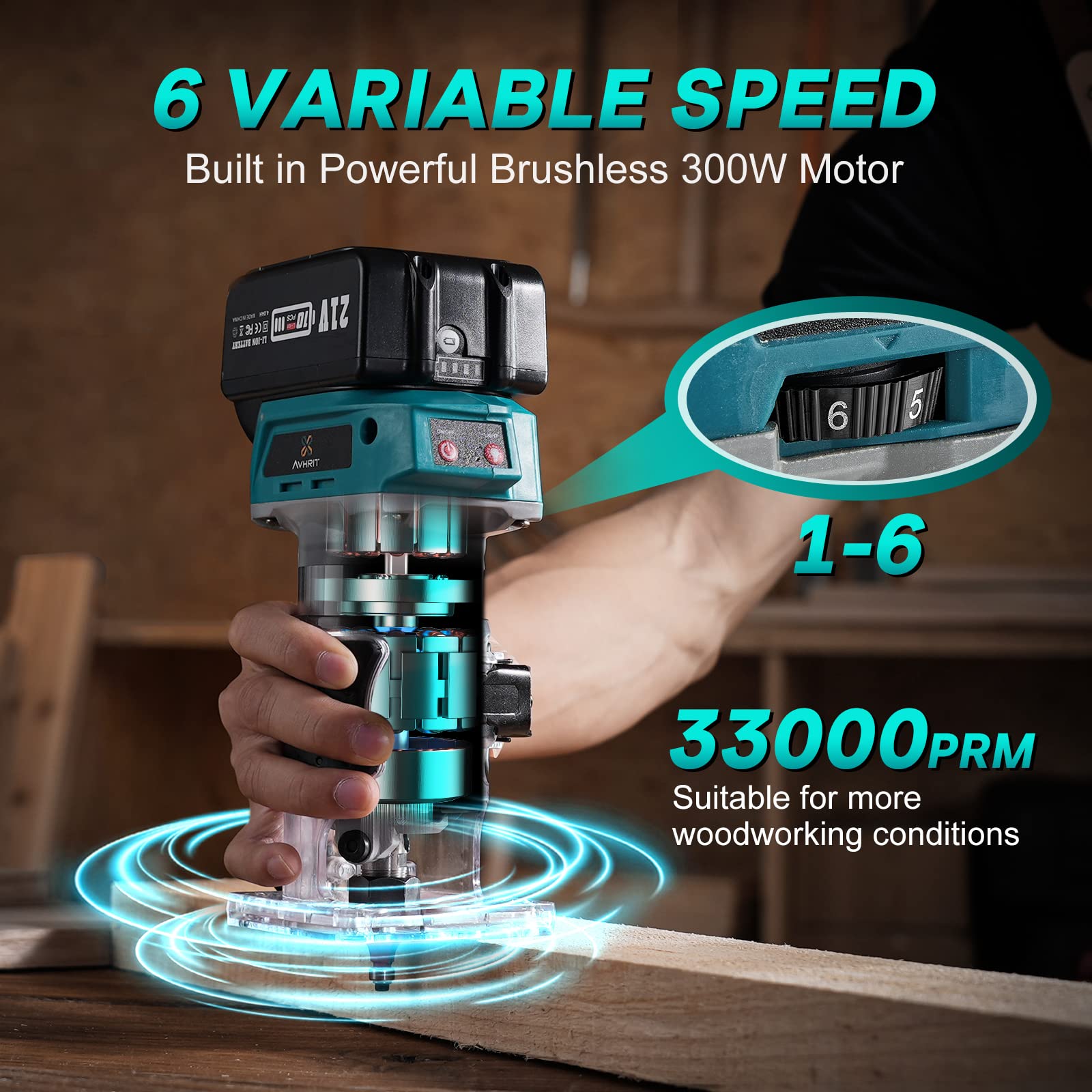 21V Cordless Compact Router Tool with 2PCS 4.0Ah Batteries - Brushless Handheld Palm Router for Woodworking, Wood Trimming & Cutting - Includes 15-Piece 1/4