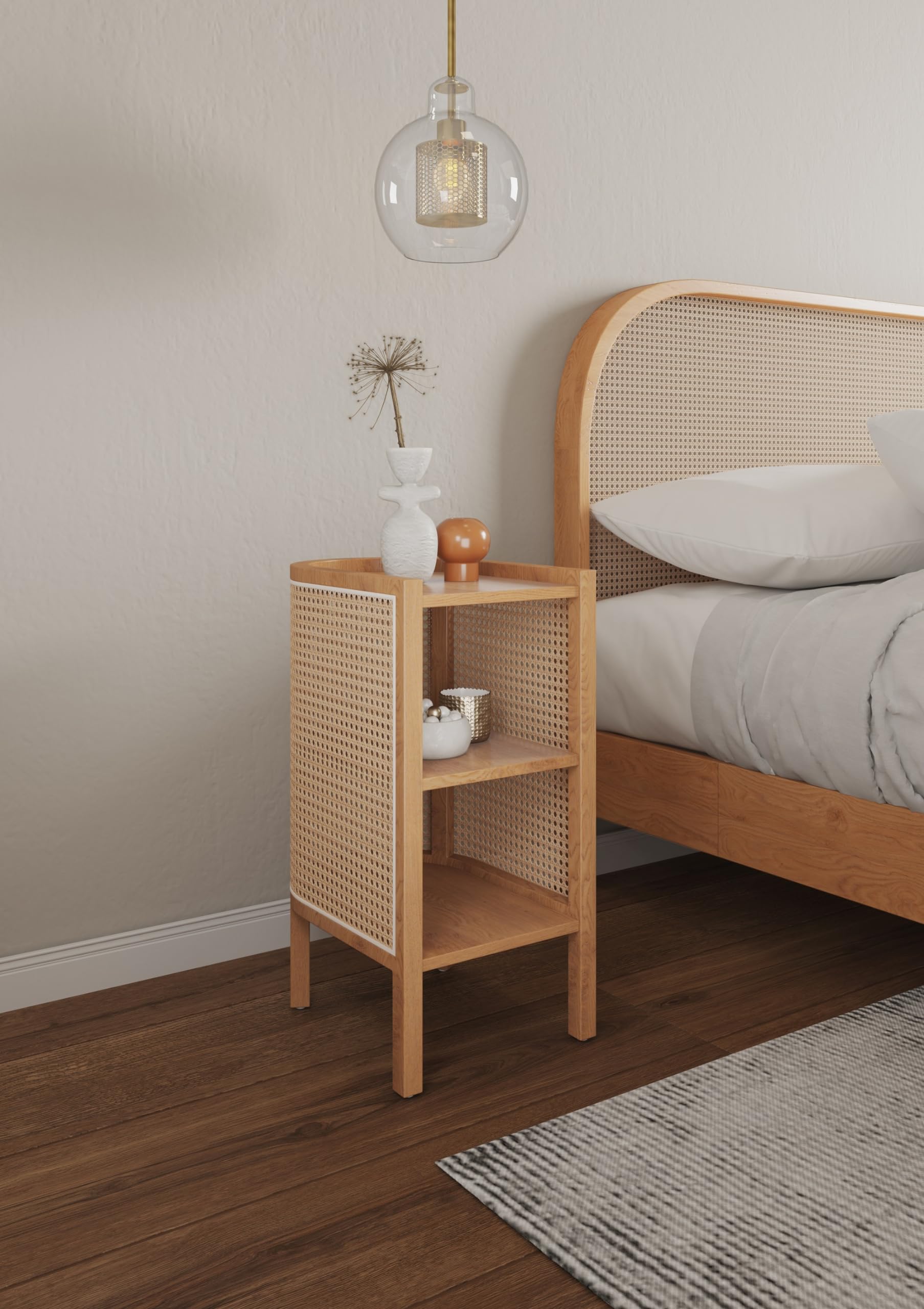 Versailles Rattan Bedside Table - Natural Cane End Table with 2 Shelves for Living Room, Bedroom, Study & Home Office Storage - Set of 2 Accent Tables for Cozy Home Decor & Small Space Organization