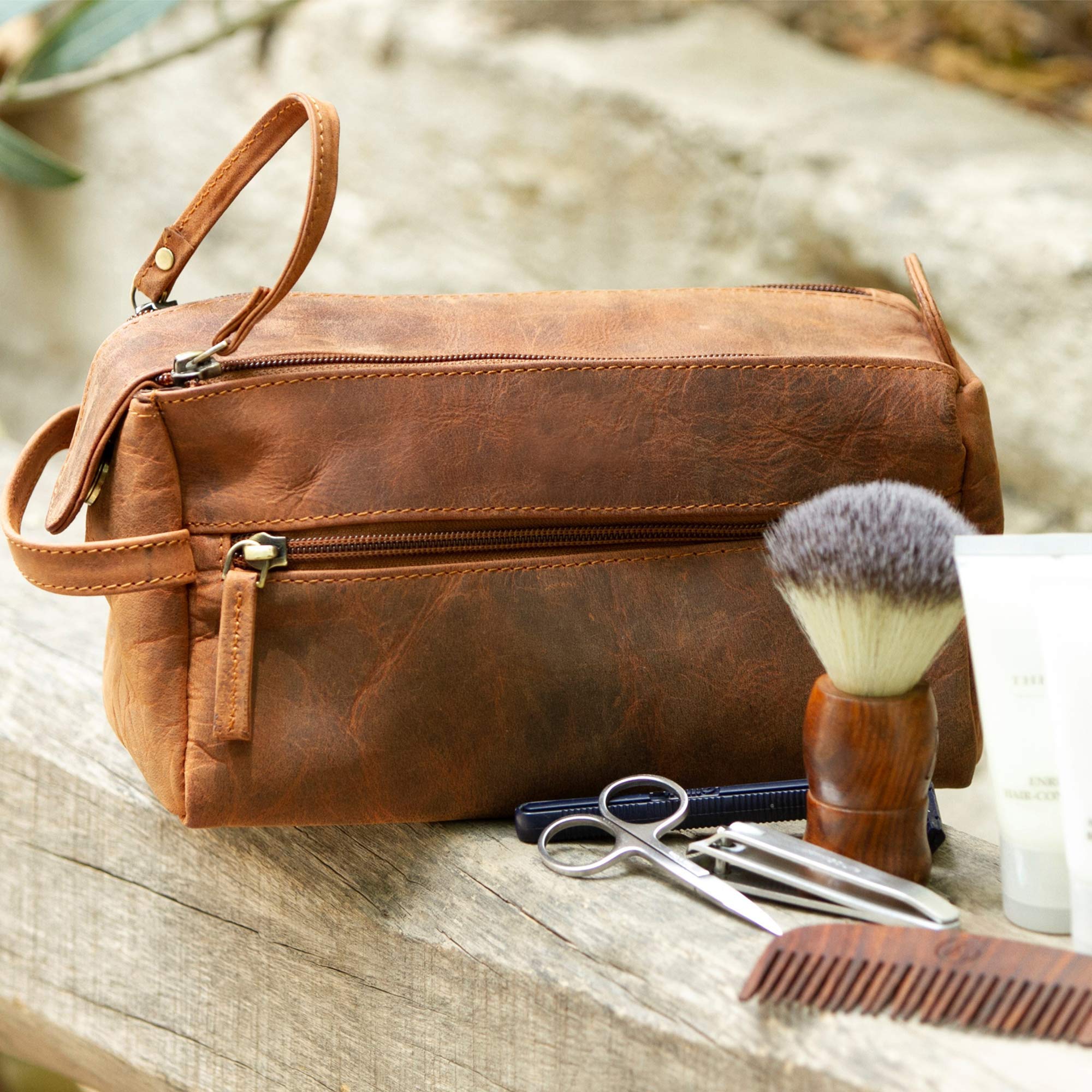 RUSTIC TOWN Genuine Leather Duffel Bag & Toiletry Bag Set - Premium Travel Luggage for Men & Women | Perfect Gift for Business Trips, Weekend Getaways & Gym Essentials