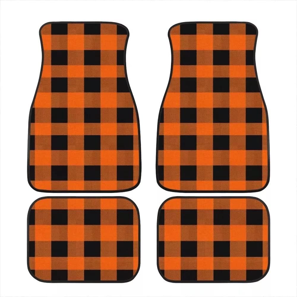 Premium Universal Fit Car Floor Mats - Orange/Black Plaid Design - 4-Piece Full Set for SUVs, Vans, Cars & Trucks - Waterproof & Durable - Perfect for Daily Commute, Road Trips & Outdoor Adventures