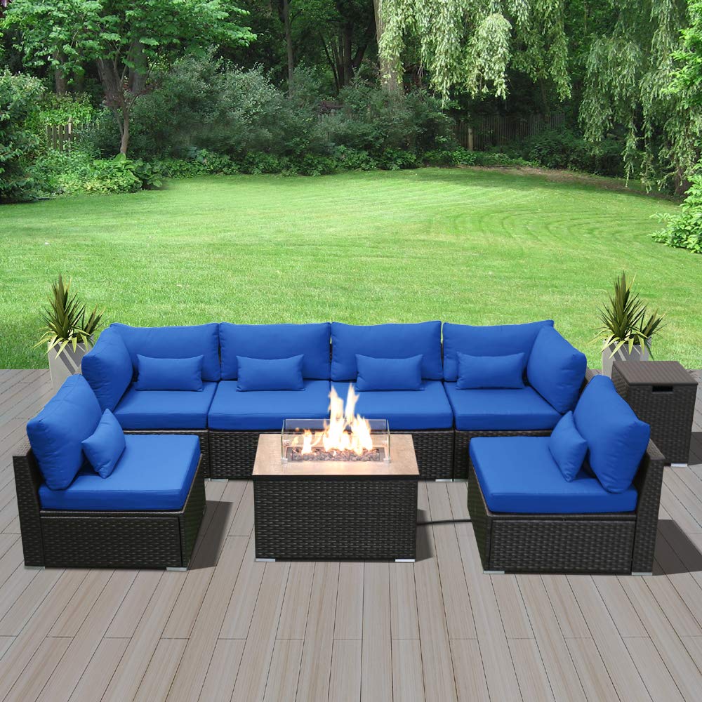 Premium Dineli Outdoor Patio Furniture Set - 7-Piece Sectional Sofa with Rectangular Gas Fire Pit Table, Royal Blue Cushions - Perfect for Backyard, Poolside & Garden Gatherings