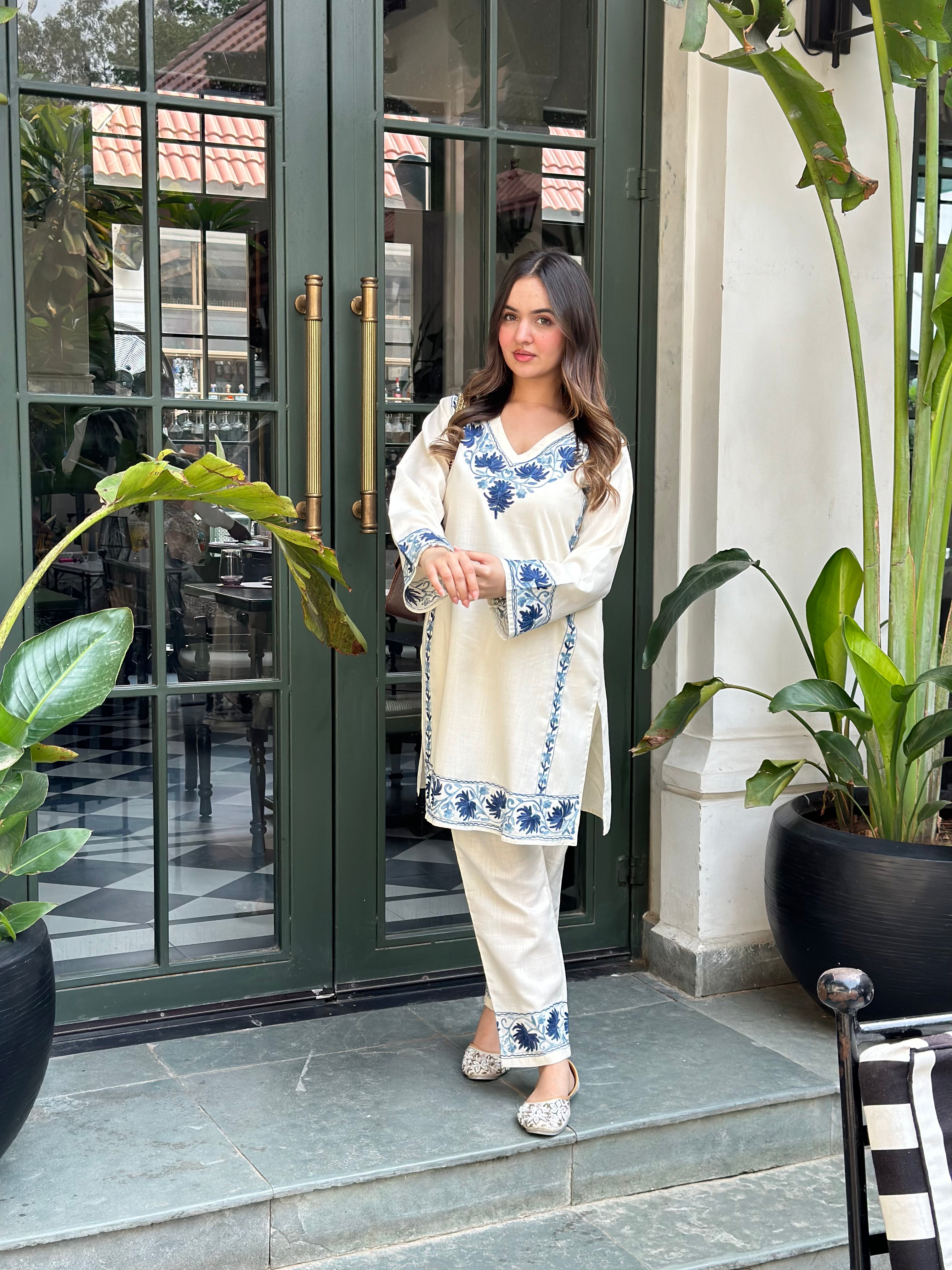 Bhavya Kashmiri Aari Work Cotton Kurta Set - White & Blue Ethnic Embroidered Tunic & Pants | Perfect for Festivals, Weddings & Cultural Events