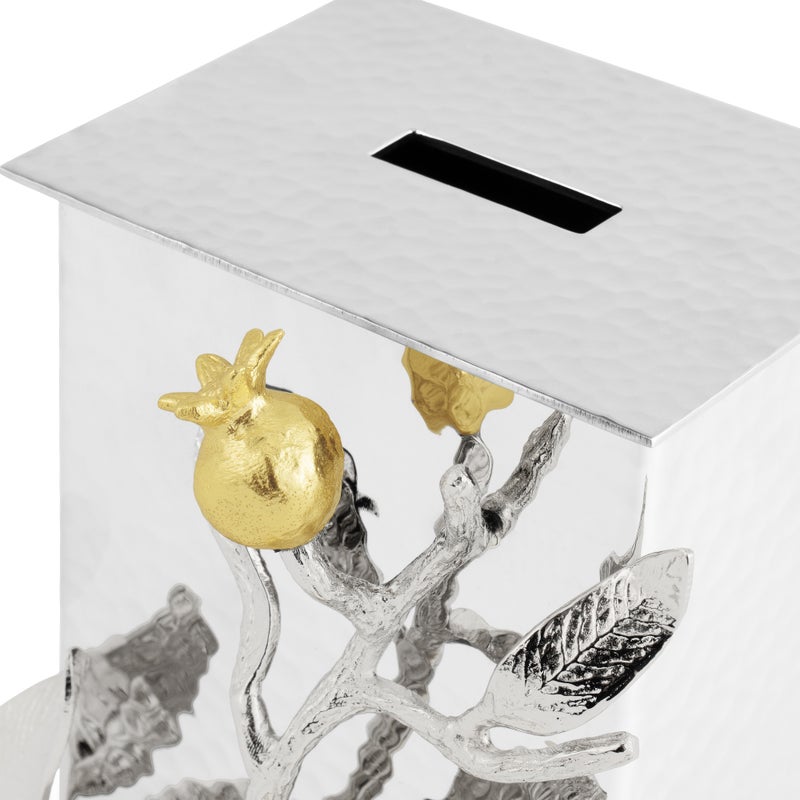 Pomegranate Silver & Gold Tzedakah Box - Elegant Jewish Charity Donation Box for Home, Synagogue & Gift Giving | Traditional Judaica Collectible for Hanukkah, Passover & Special Occasions