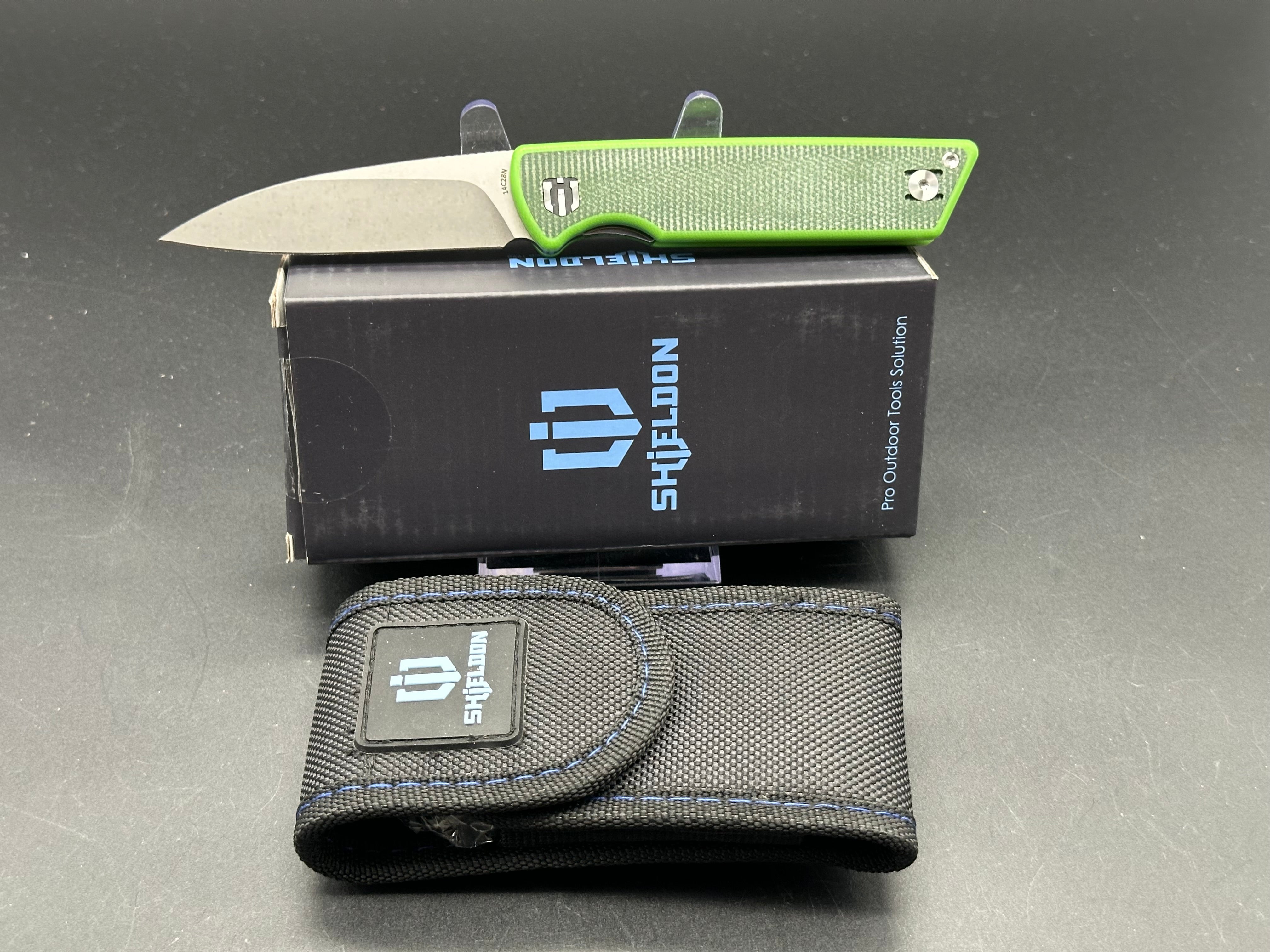 SHIELDON STINGER Folding Knife - Black Green Micarta/G10 Handle, 14C28N Stainless Steel Plain Edge Blade - EDC, Camping, Hunting & Outdoor Survival Tool