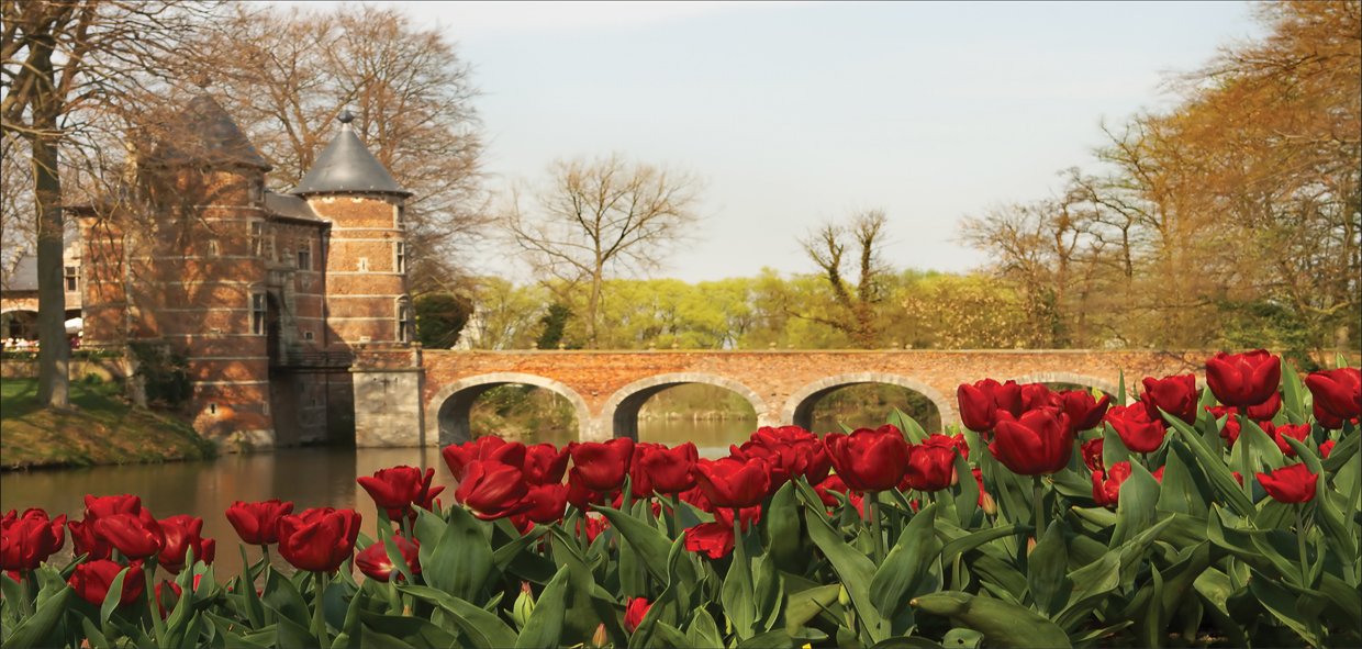 Lunarable Ceramic Pen Holder - Tulips & Stone Bridge in Castle Garden Groot Bijgaarden Belgium Design, Desk Organizer for Office & Home Use, Red & Green - Perfect for Pencils, Pens & Stationery Organization