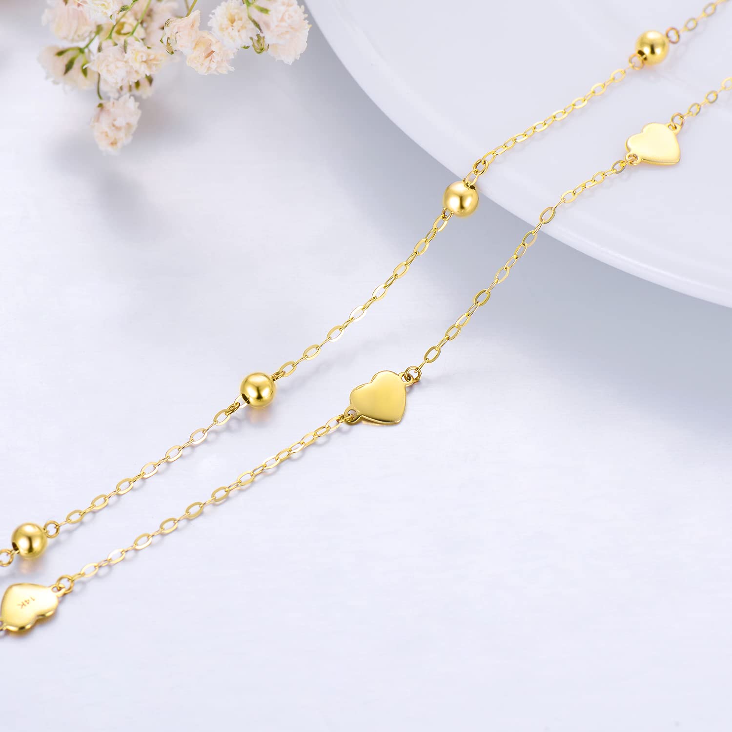 14K Solid Gold Heart Anklet for Women - Real Gold Bead Station Anklet Bracelet - 8''+2'' Adjustable Layered Anklets - Fine Jewelry Gift for Her, Wife, Mom, Girlfriend - Perfect for Anniversary, Birthday, Valentine's Day - Elegant Everyday Wear & Special Occasions