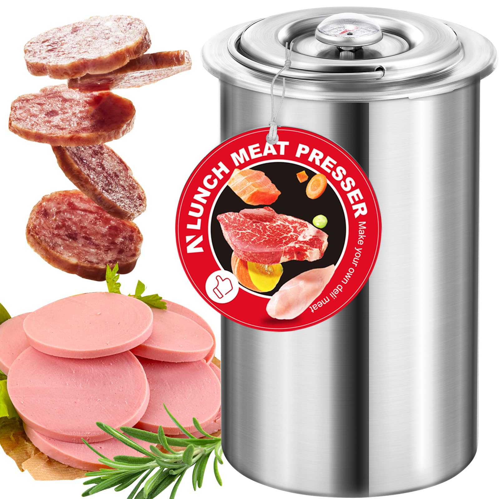 NEWTRY 304 Stainless Steel Deli Meat Press & Ham Maker with Thermometer - Homemade Sandwich, Lunch Meat Cooker for Deli, BBQ, and Meal Prep - Perfect for Restaurants, Home Kitchens, and Camping