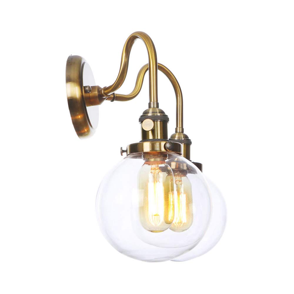 Vintage Gold Metal Wall Lamps with Clear Glass Lampshade - 2-Light Bedroom Sconce with Switch | Perfect for Bedroom, Living Room, Hallway & Reading Nook Lighting