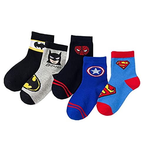 Superhero 5-Pack Kids Cotton Socks - Spiderman, Captain America, Superman & Batman Character Socks for Boys & Girls - Perfect for School, Cosplay & Everyday Wear