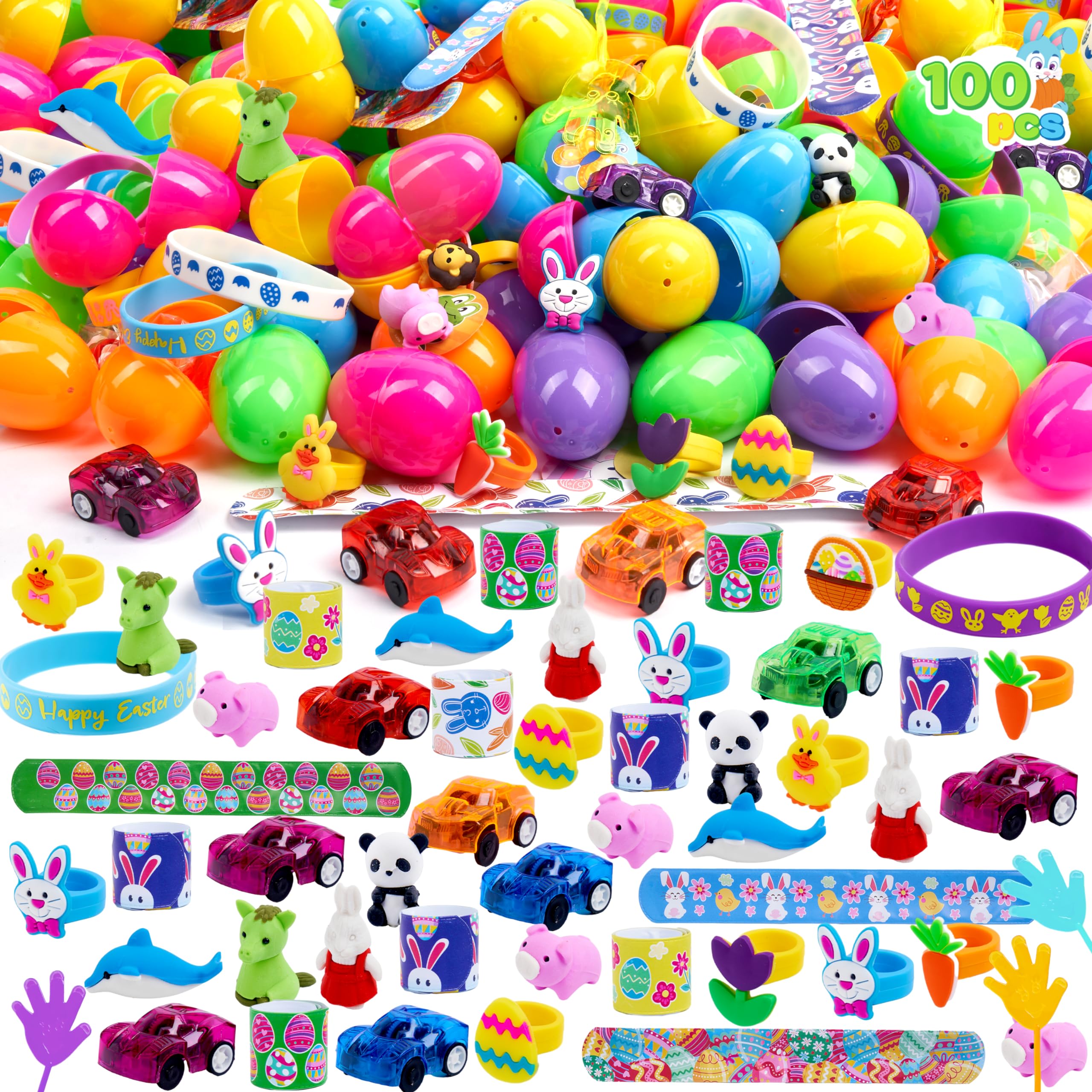 JOYIN 100 Pcs Prefilled Easter Eggs with Assorted Toys & Stickers - Easter Egg Hunt Supplies, Kids Basket Stuffers, Party Favors & Classroom Prizes - Perfect for Easter Celebrations, Birthday Parties & School Events