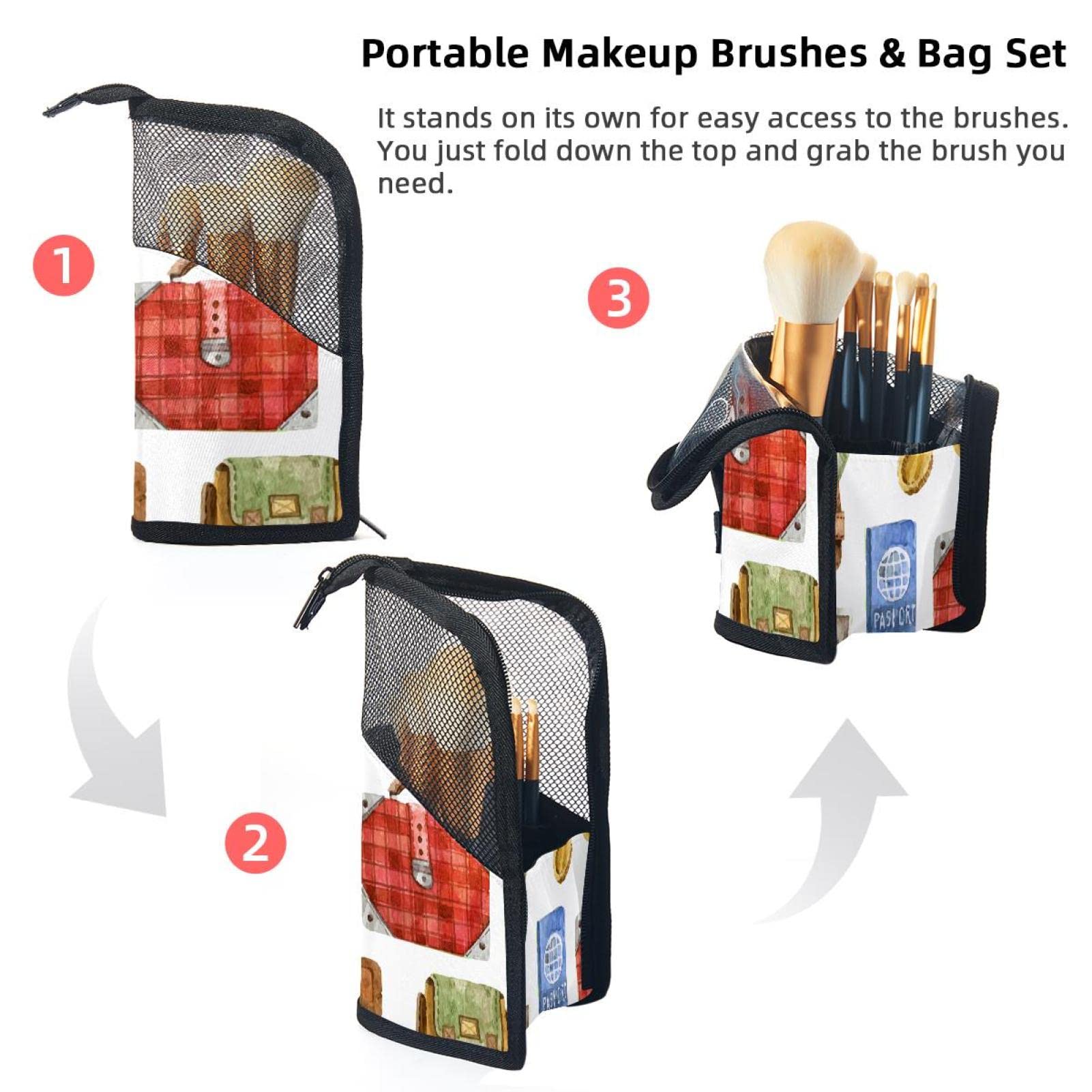 Vintage Suitcase Makeup Brush Organizer Bag with 12 Brush Slots - Portable Travel Cosmetic Brush Holder Case for Professional Makeup Artists & On-the-Go Beauty Essentials