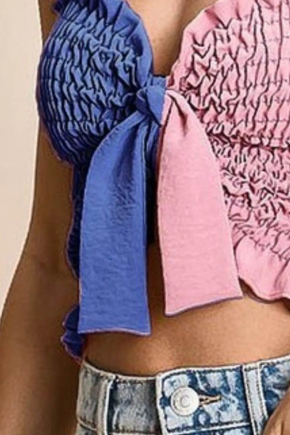 BiBi Woven Color Block Smocked Bra Top with Ribbon - Stylish Summer Bralette for Women, Perfect for Beach, Yoga & Casual Outfits