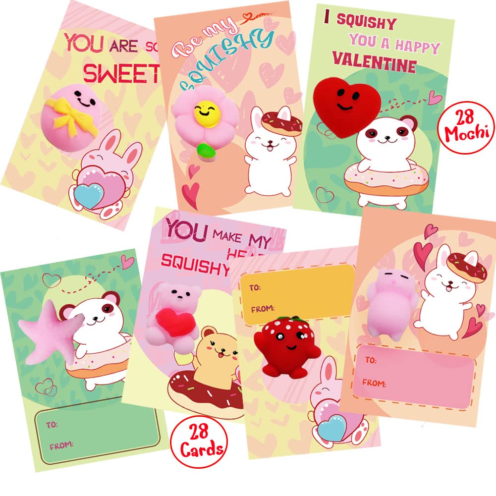 DINESIL 28 Pack Valentine's Day Kawaii Mochi Squishy Toys with Greeting Cards - Mini Animal Stress Relief Toys for Kids, Valentine Exchange Gifts & Party Favors - Perfect for Classroom Rewards, Birthday Goodie Bags & Sensory Play