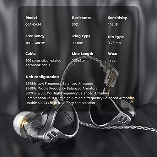 CCA CA24 12BA HiFi In-Ear Monitors - Zinc Alloy & Resin Housing Wired Earphones for Musicians & Audiophiles (Black, No Mic) | Professional Studio Monitoring & Live Performance Headphones