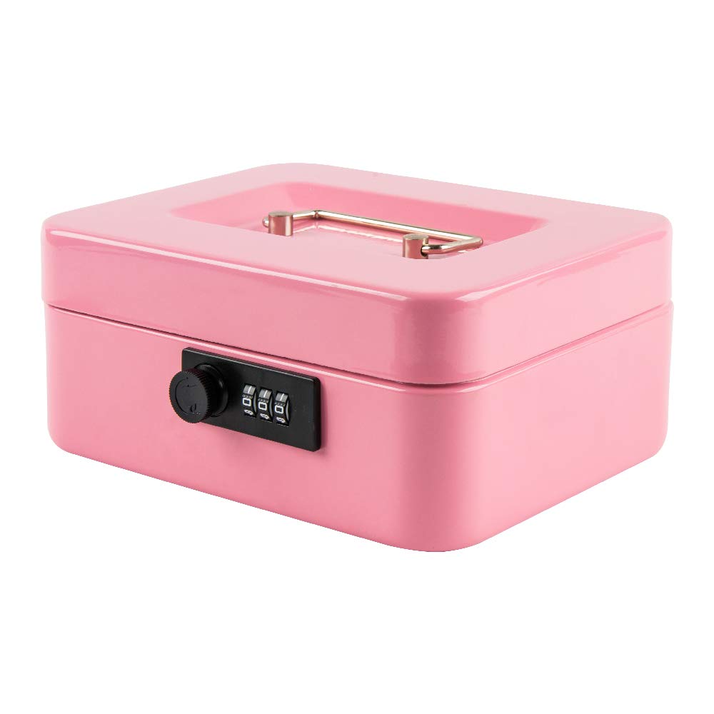 KYODOLED Medium Cash Box with Combination Lock - Secure Metal Money Storage Box with Removable Tray - 7.87x6.30x3.54 Inch Pink Safe for Home, Office, Retail & Small Business Use