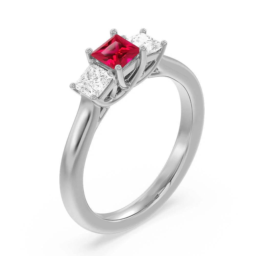 Exquisite Lab-Grown Ruby & Princess Cut Diamond Three-Stone Ring for Women | Elegant Engagement, Wedding, Anniversary Jewelry Gift