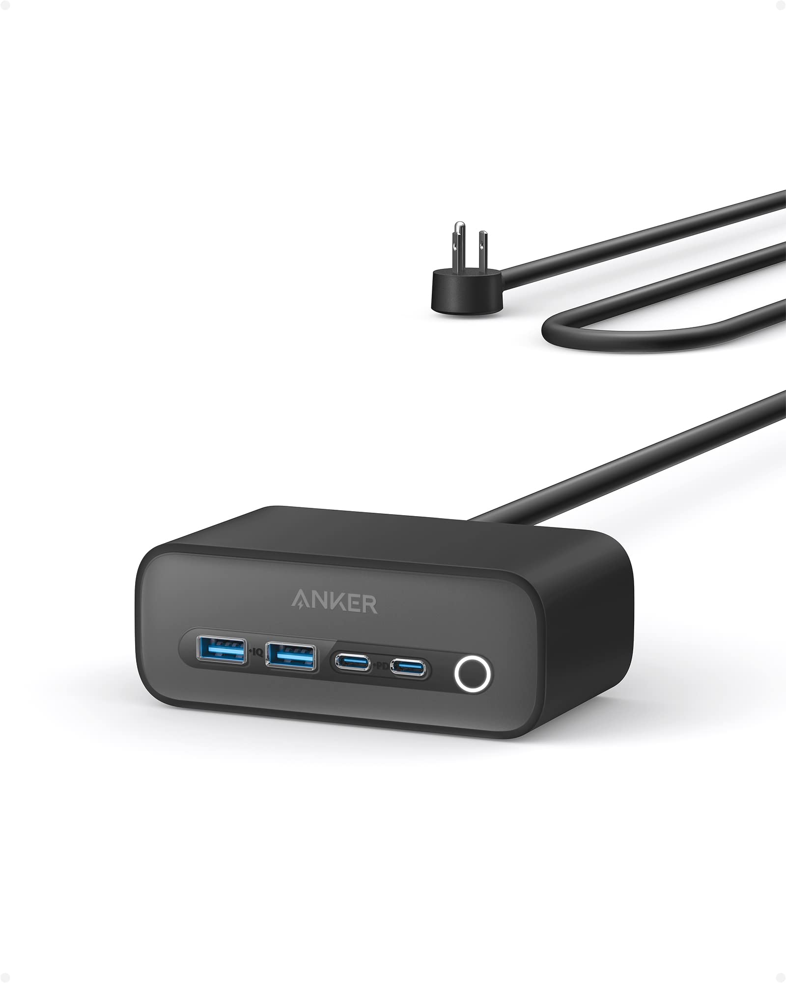 Anker 525 7-in-1 USB C Charging Station with 5ft Extension Cord - 65W Power Delivery for iPhone 13/14, MacBook Pro - 3AC Outlets & 2USB A/2USB C Ports - Compact Power Strip for Home Office Desk Setup (Phantom Black) | Perfect for Workstations, Bedside Charging & Travel Accessories