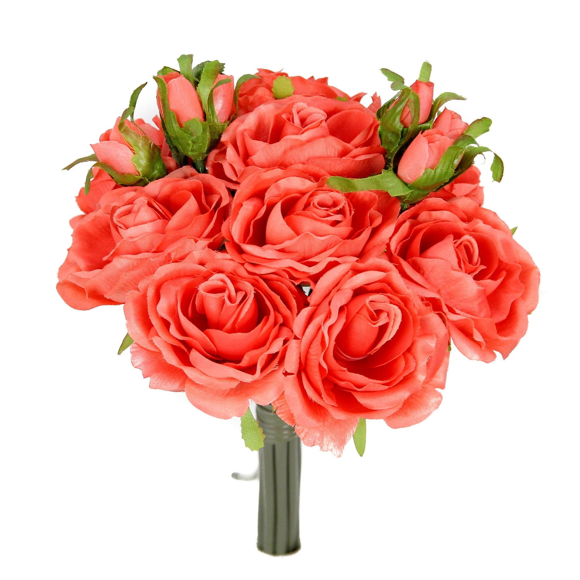 Artificial Silk Rose Flower Bouquet - Dark Coral (11 Stems: 9 Open Roses & 2 Rose Buds) for Wedding, Bridal, Home Decor, Centerpieces, Table Arrangements - Perfect for Weddings, Anniversaries, and Home Staging