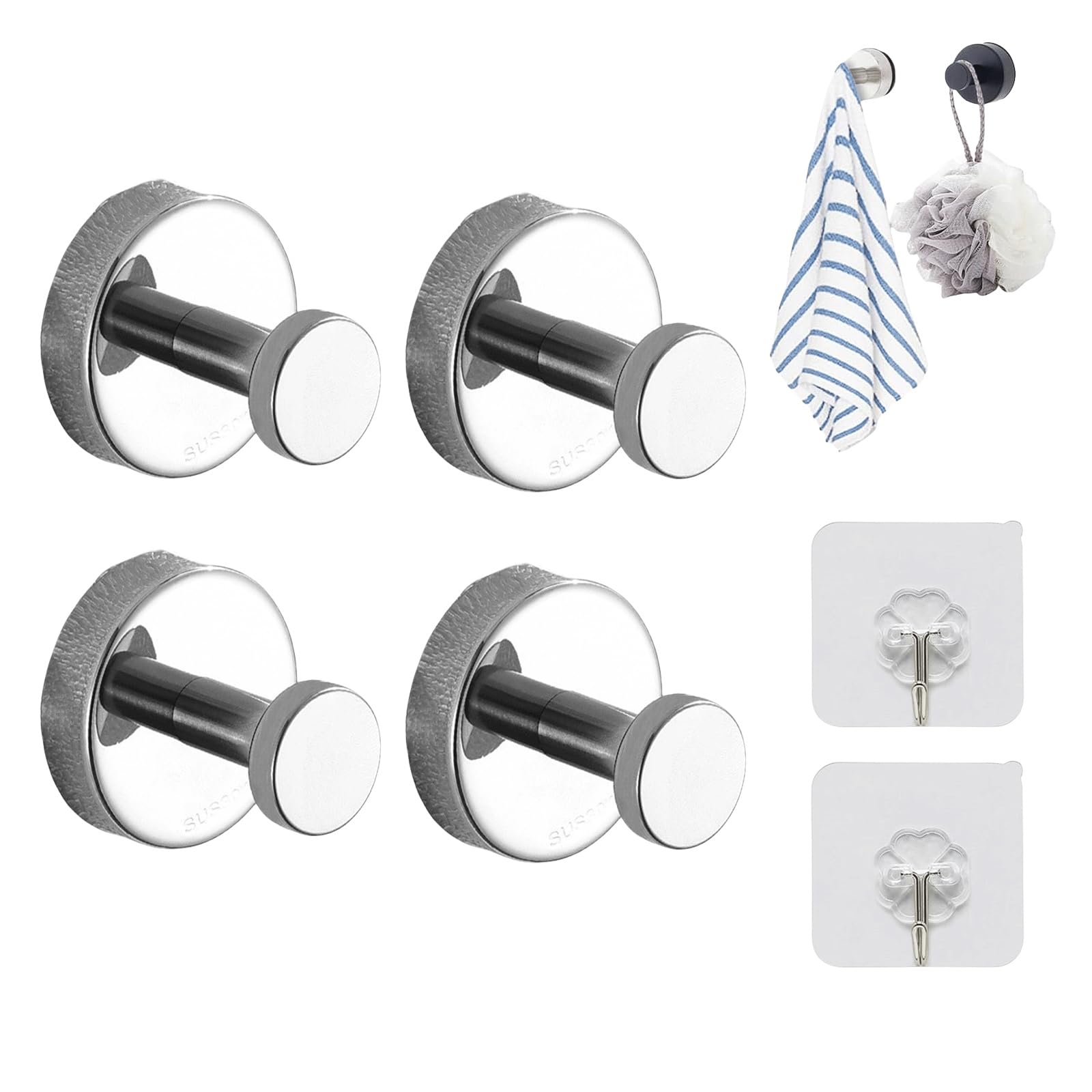 Luxehold No-Drill Wall Hooks - Heavy Duty Suction Cup Hooks for Bathroom, Kitchen & Bedroom - Waterproof Adhesive Hooks for Towels, Robes & Decor (4 Pack, Silver) - Perfect for Renters & Home Organization