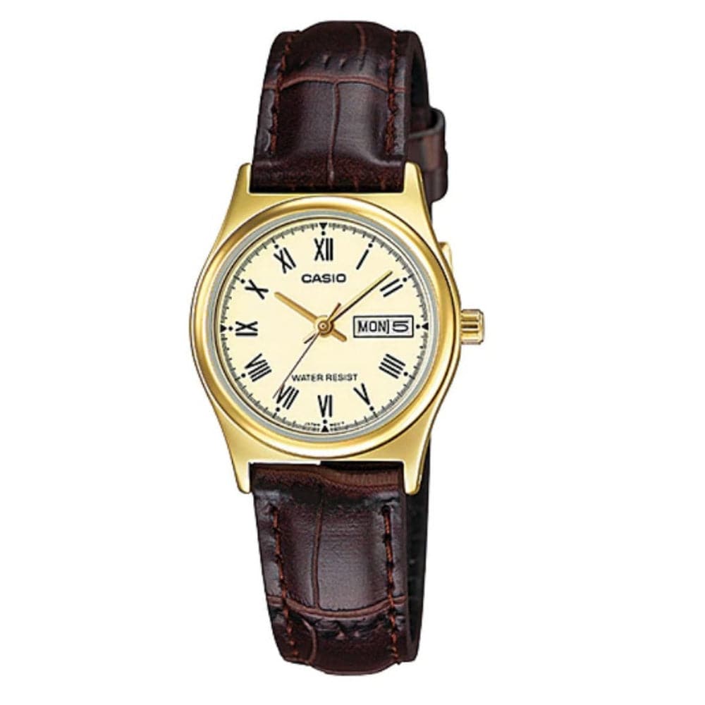 CASIO Analog LTP-V006GL-9BUDF Women's Watch - Brown Leather Strap, Gold-Tone Case, Minimalist Design for Everyday Wear & Office Use