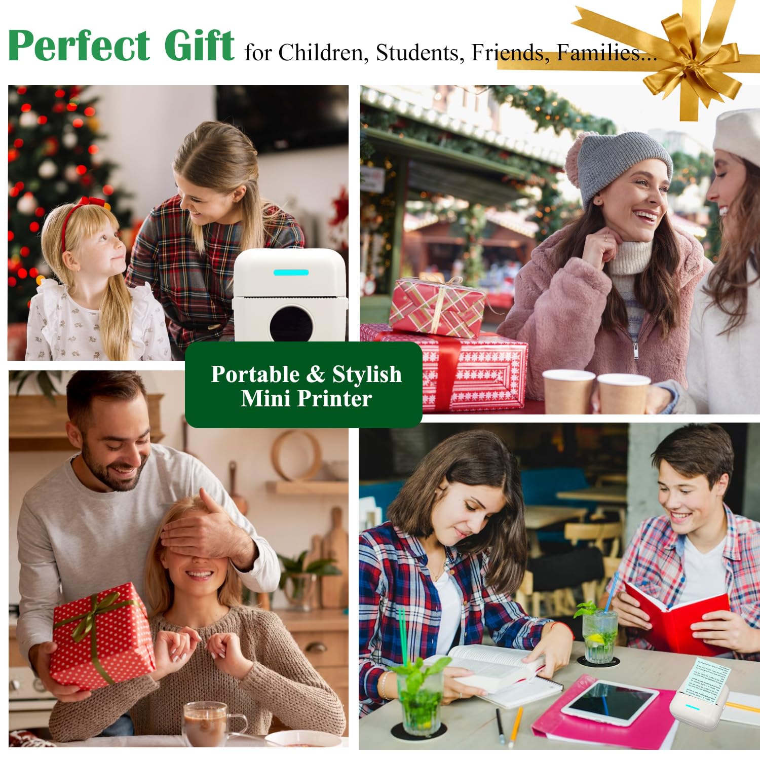 Mini Portable Inkless Thermal Printer - Wireless Sticker & Label Maker for Notes, Photos, Receipts | Includes 12 Rolls Paper | iPhone, Android, Tablet Compatible | Perfect for Home, Office & Travel Organization (White)