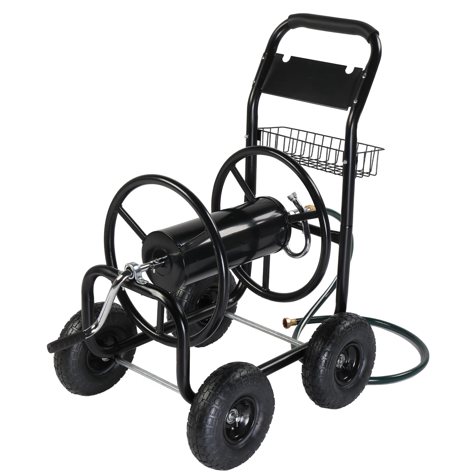 VINGLI 4-Wheel Heavy Duty Garden Hose Reel Cart with Storage Basket - Portable Outdoor Water Hose Holder for Lawn, Backyard, Farm & Yard Irrigation - Perfect for Watering Plants, Washing Cars & Outdoor Cleaning