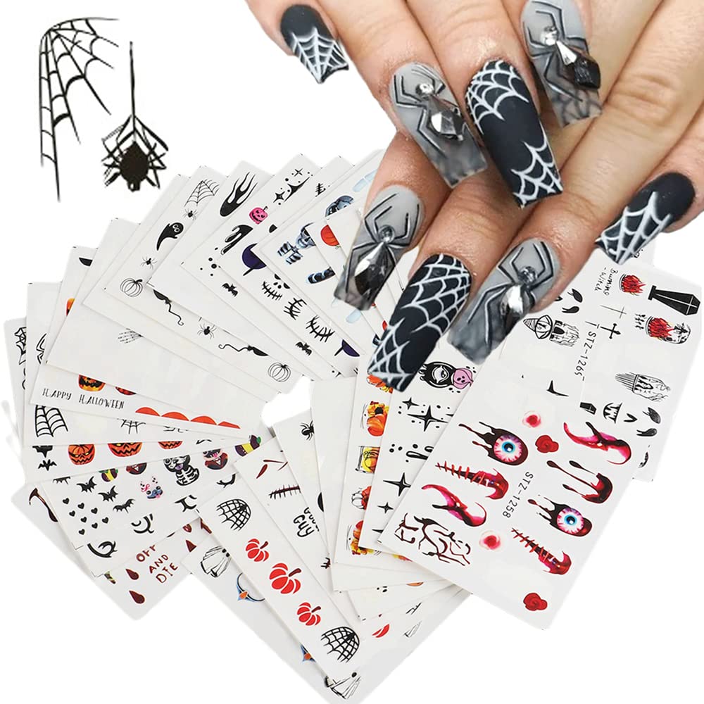Halloween Nail Art Stickers - 24 Sheets Water Transfer Decals with Pumpkin, Skull & Spider Web Designs | Nail Art Supplies for Women | Perfect for Halloween Parties, Manicure Decor & DIY Nail Art Projects